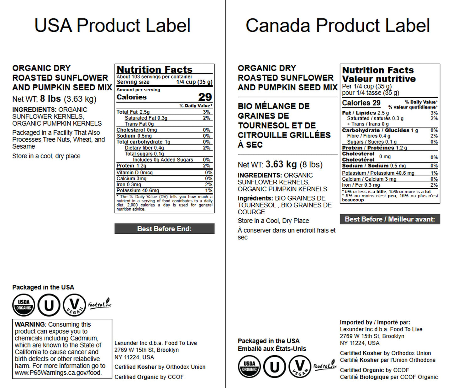 Food to Live Organic Dry Roasted Sunflower and Pumpkin Seed Mix, 8 Pounds - Oven Roasted, No Oil added, Healthy, Natural Snack,