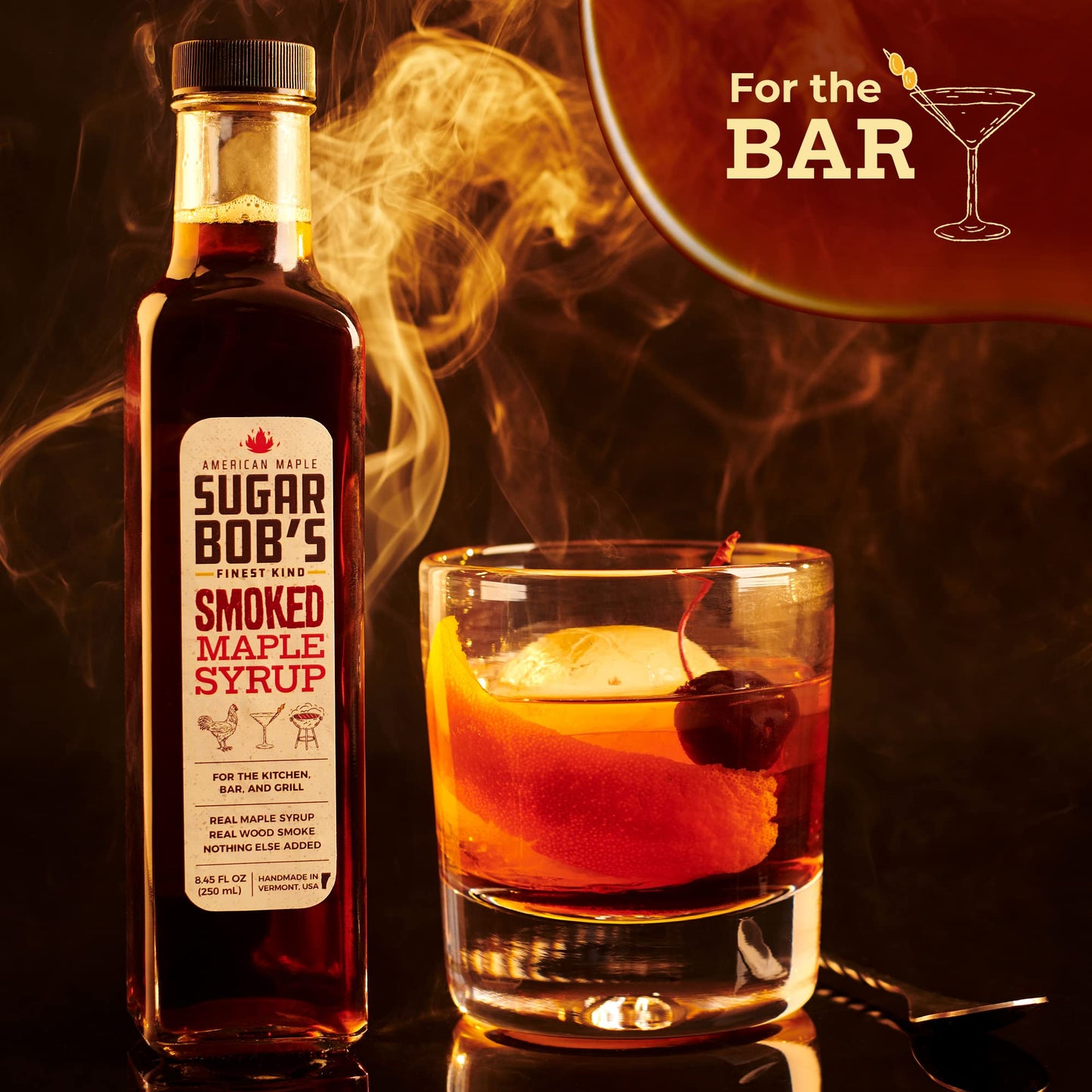Sugar Bobs Finest Kind Smoked Maple Syrup, Real Maple Syrup, 8.45 fl oz, Brown, Made in Vermont for Bar, Kitchen, and Grill