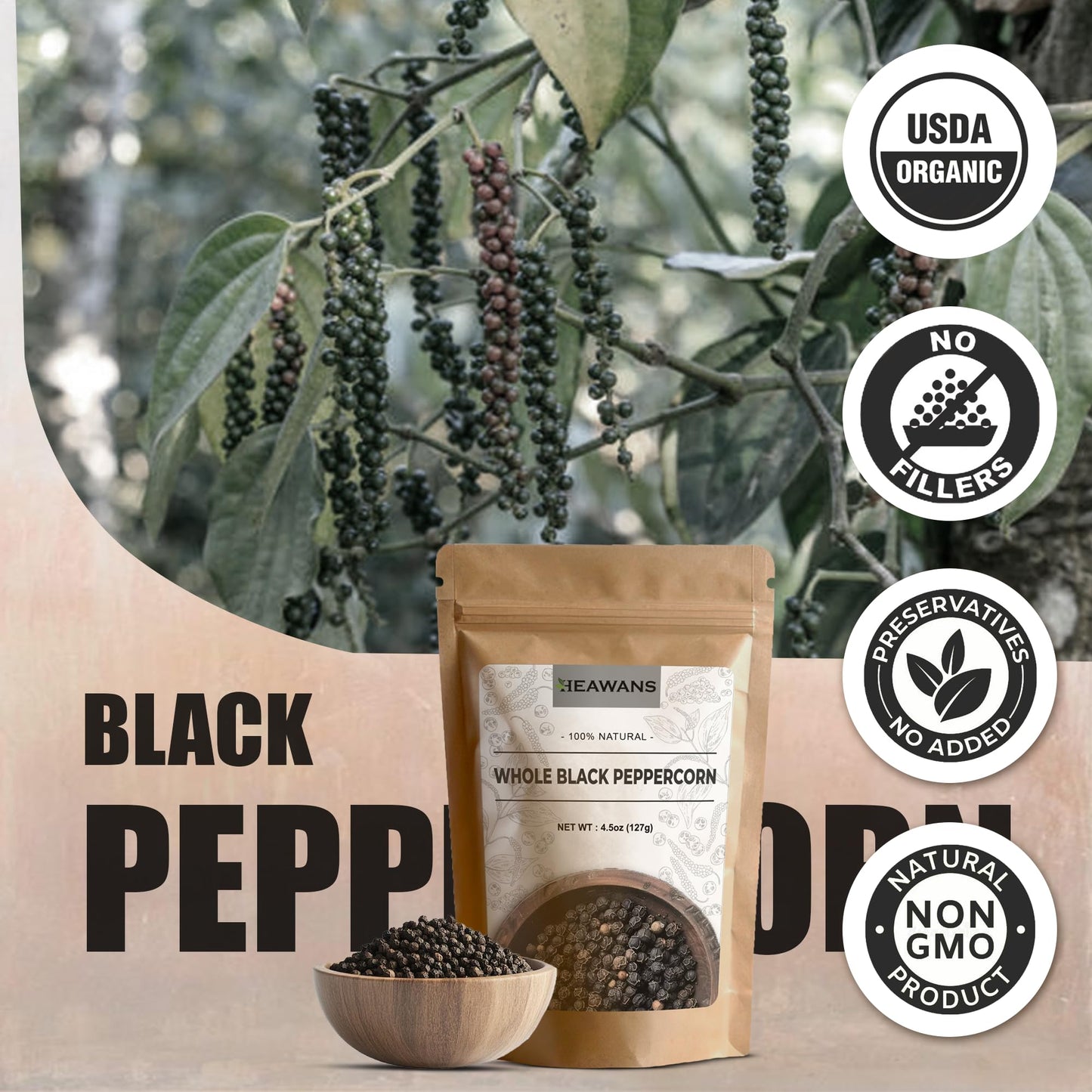 Heawans Organic Enhanced Grade Whole Pepper (Resealable Pouch) (4.5 Oz)