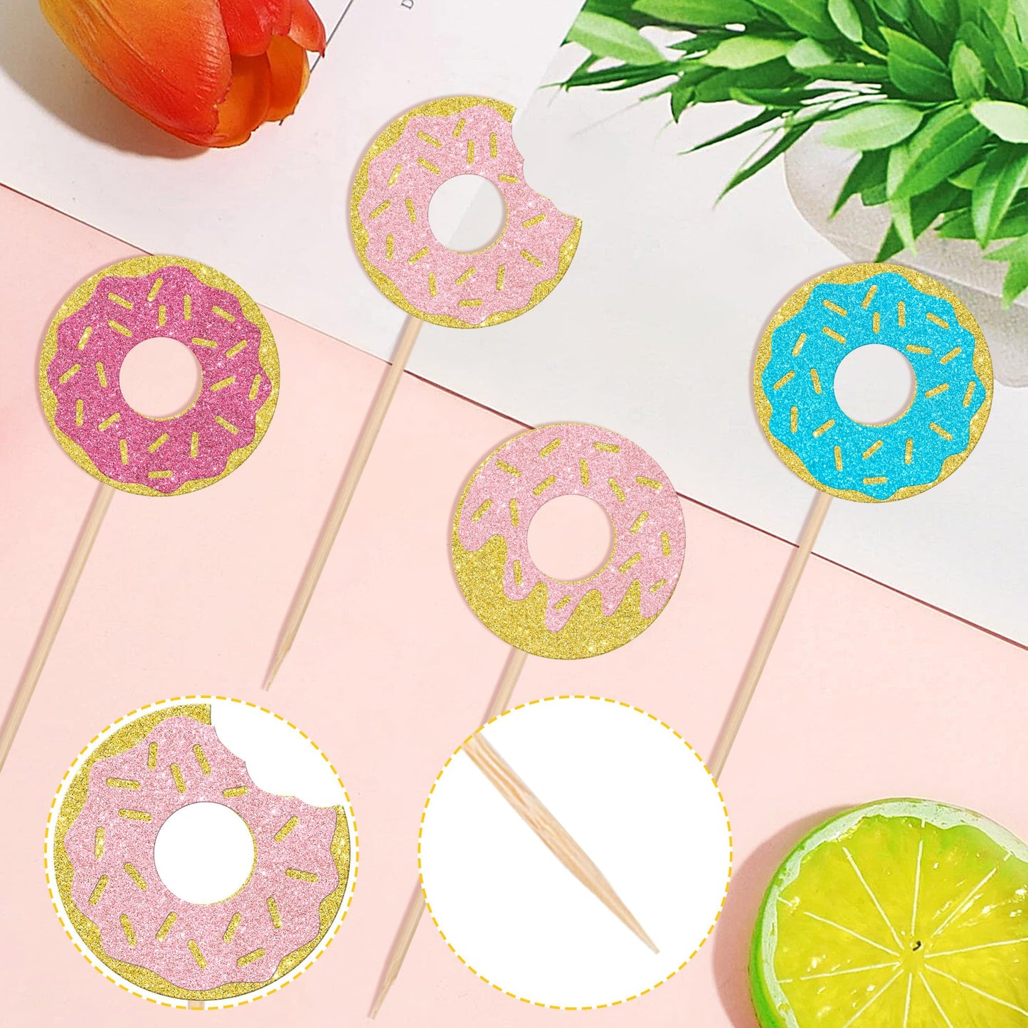 24 Pcs Donut Cupcake Toppers Glitter Super Sweet Donuts Cupcake Picks Donut Party Cupcake Decorations For Sweet Theme Celebratin