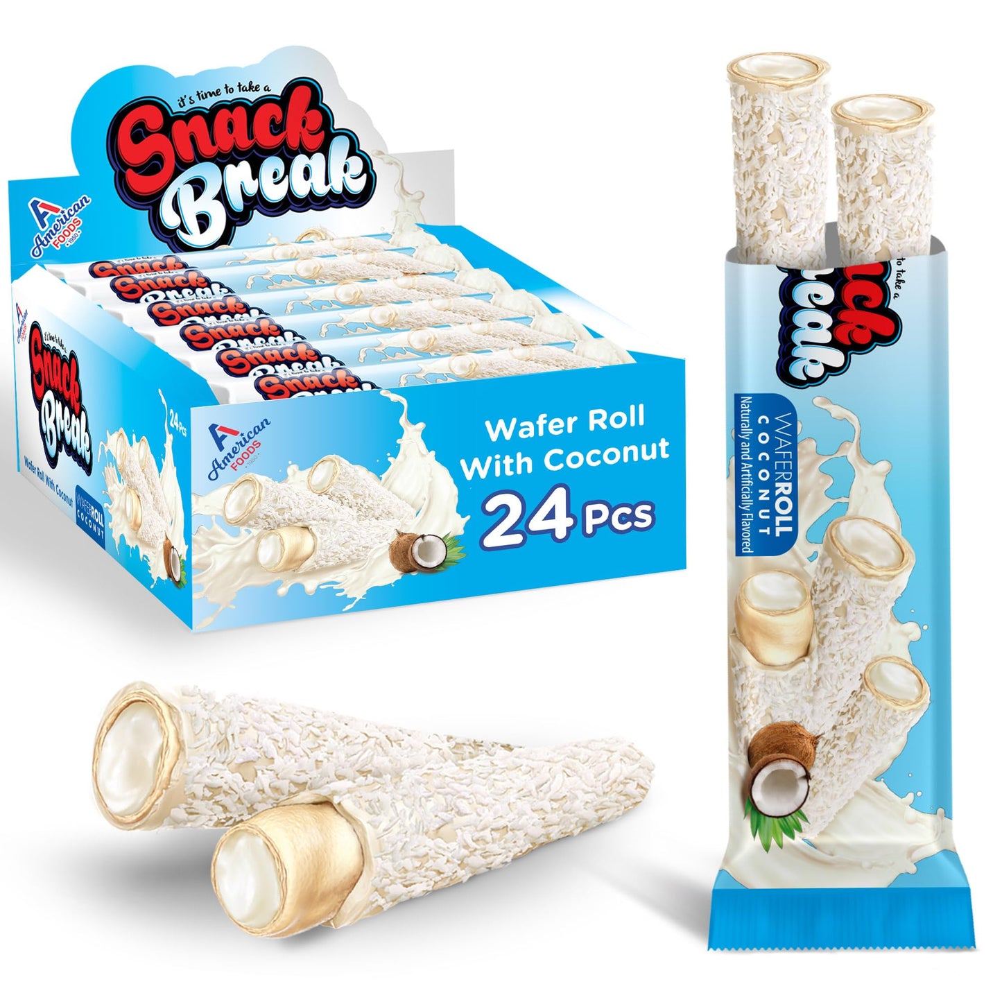 Snack Break Coconut Wafer Rolls, Rolled Wafer Cookies, Coconut Coated Delicious Snack, Individually Wrapped, Crunchy Sticks for 