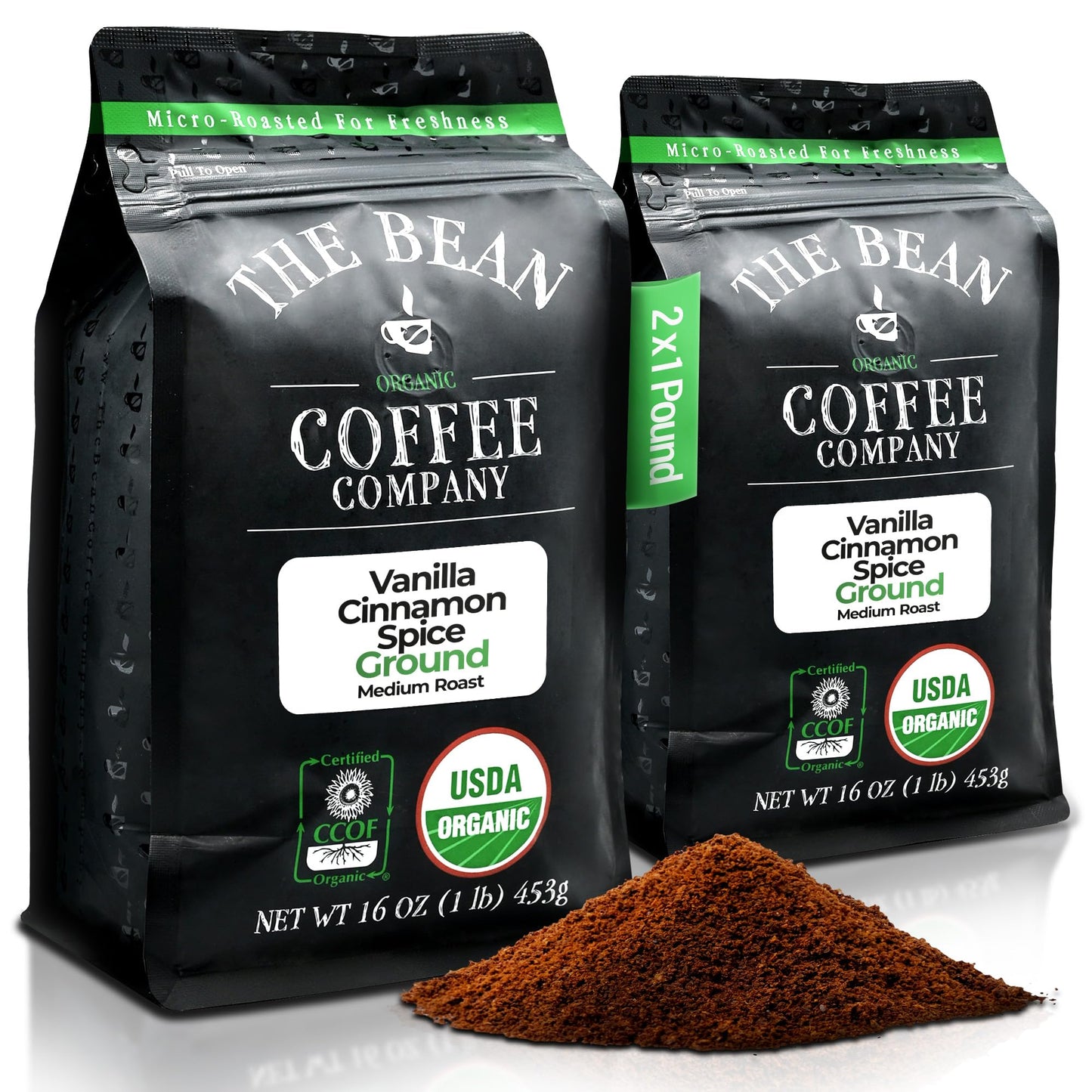 The Bean Organic Coffee Company Holiday Bean (Vanilla Cinnamon Spice), Medium Roast, Ground Coffee, 16-Ounce Bags (Pack of 2),Ca