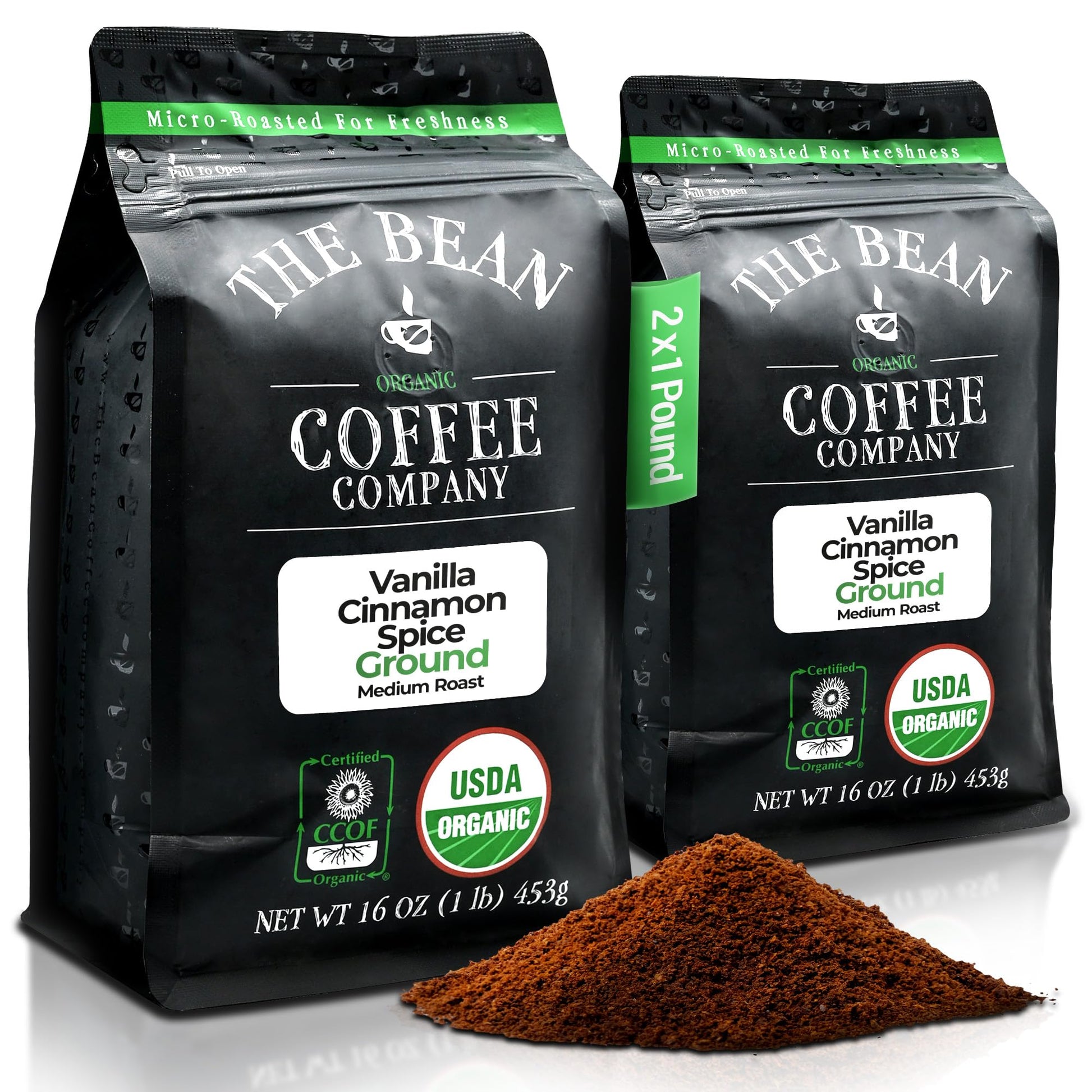 The Bean Organic Coffee Company Holiday Bean (Vanilla Cinnamon Spice), Medium Roast, Ground Coffee, 16-Ounce Bags (Pack of 2),Ca