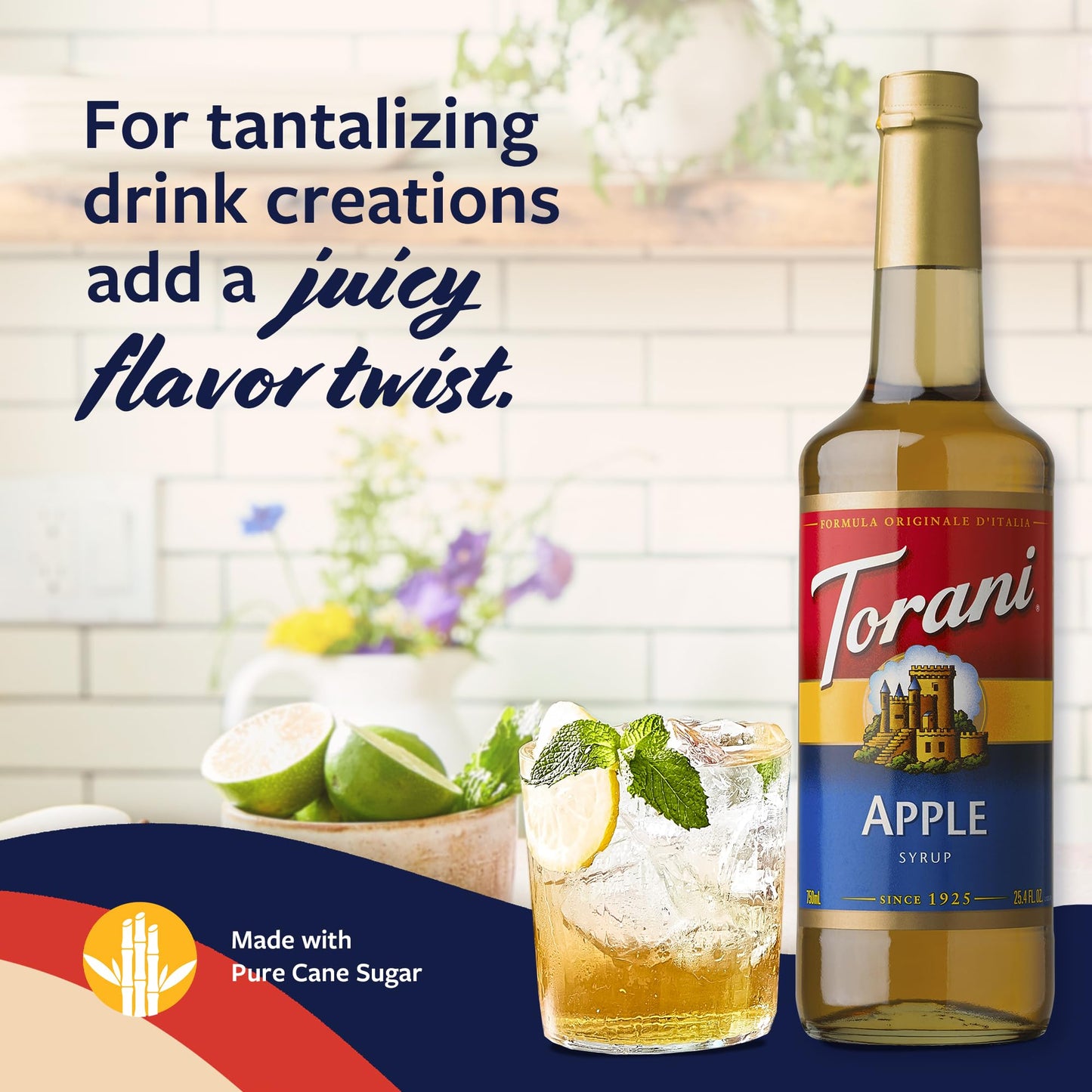 Torani Apple Syrup For Drinks, Flavoring For Iced Tea, Lemonade, Sodas, And Cocktails, Glass Bottle With Pump Included, 25.4 Fl