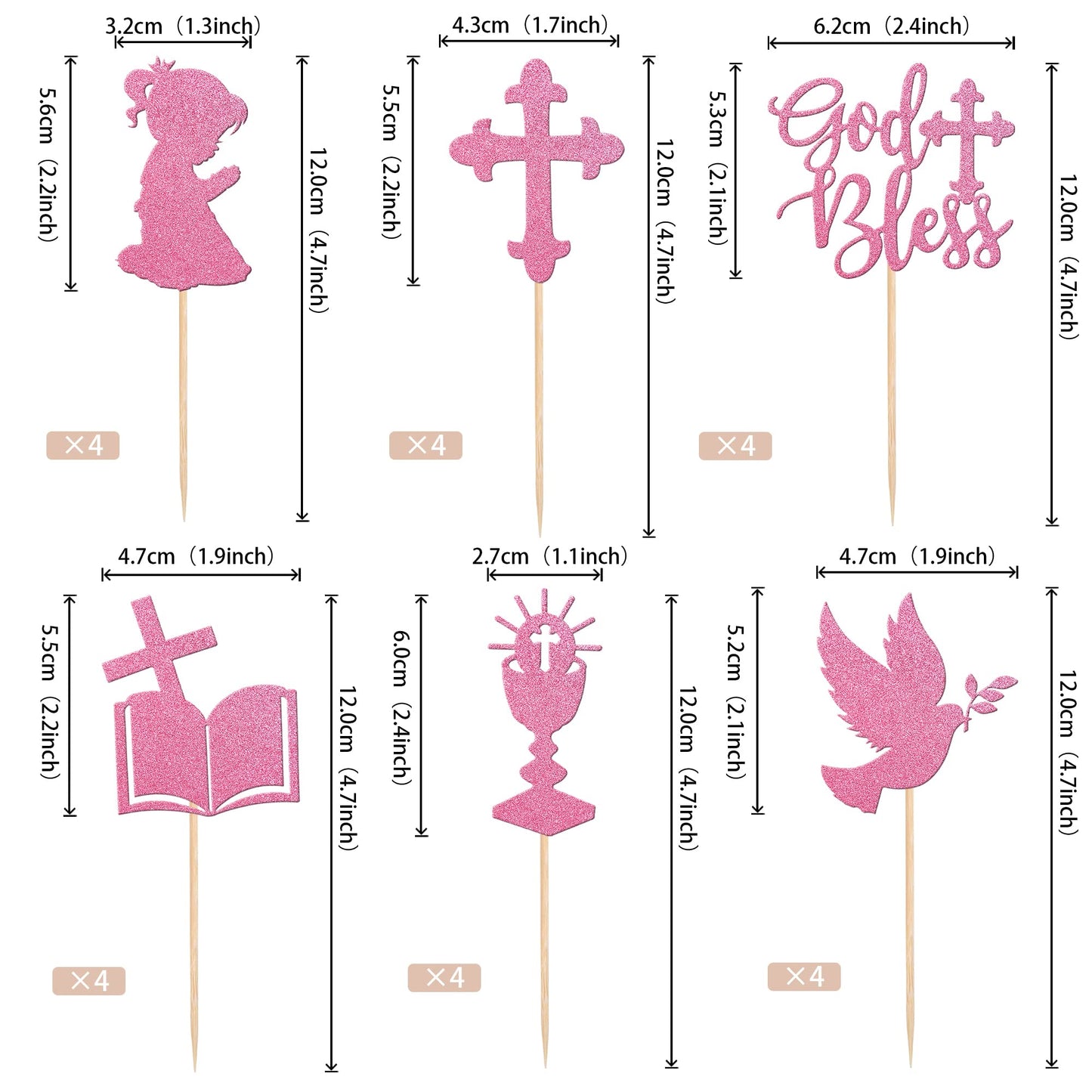 ZHUOWEISM 24 PCS Cupcake Toppers Glitter Dove Chalice Bible Cross First Communion Theme Small Pink Bamboo