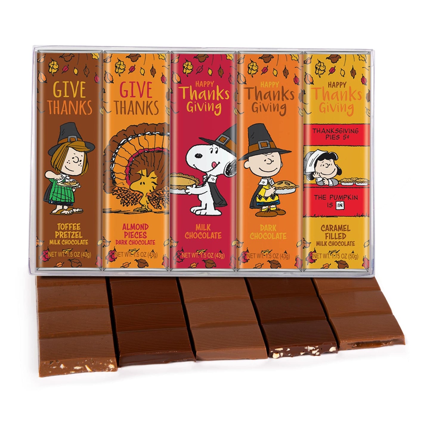 Peanuts Thanksgiving Candy Individually Wrapped Chocolate Variety Gift Box  Snoopy Gourmet Bar Snack Set  Gifts for mature-themeds and Kids  Rich Belgian Chocolate Give Thanks Consumable Gift  Kosher 1.75oz 5-Bars.