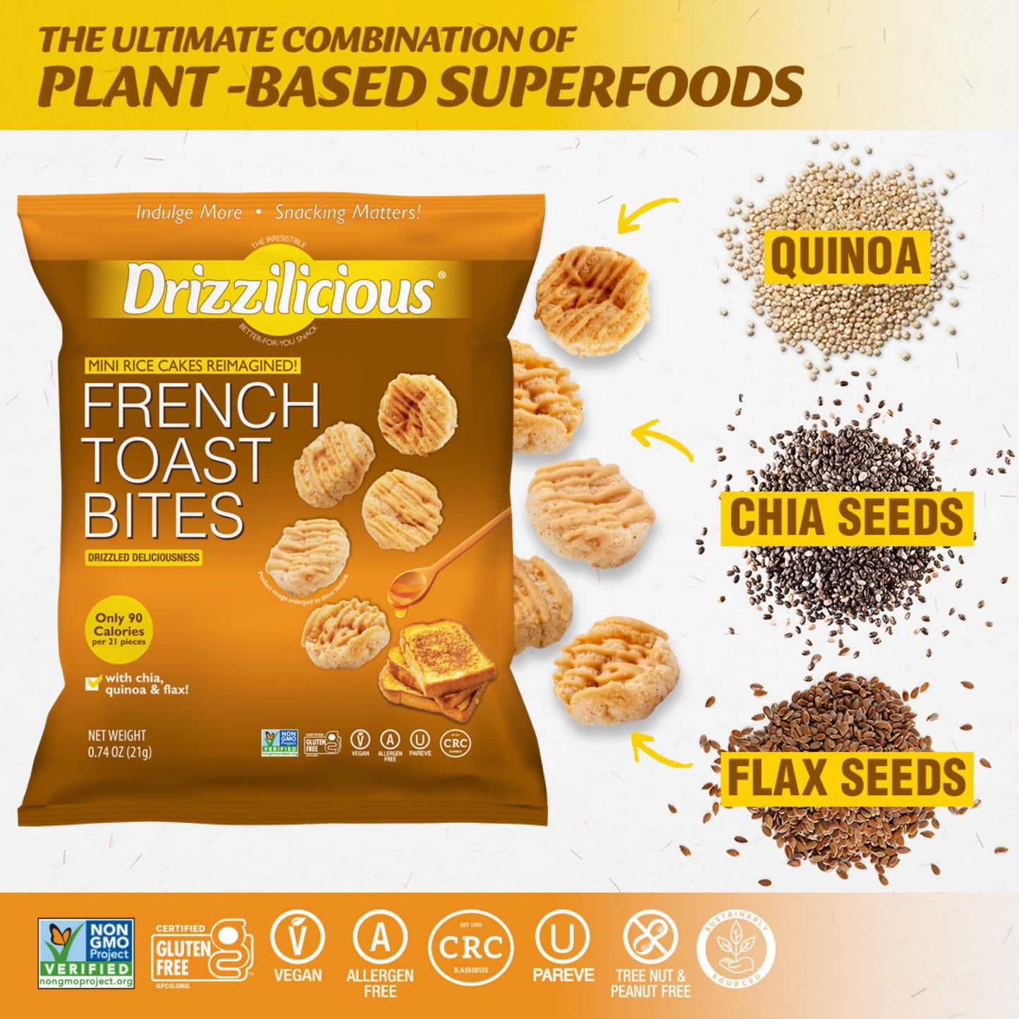 Drizzilicious Mini Rice Cakes French Toast - Rice Crisps  Healthy Snack for mature-themeds and Kids  Flavored Rice Cakes  Vegan  Gluten Free  Allergen Free  Only 90 Calories Per Bag - .74 oz (Pack of 10)