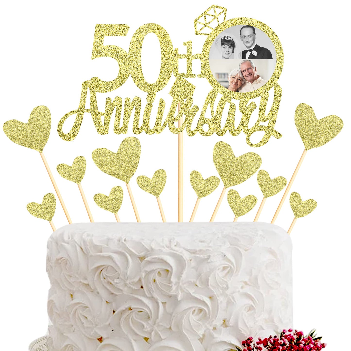 Sumerk 13 PCS Gold Glitter Cake Topper for 50th Anniversary Decorations, Medium Size, Wood Material