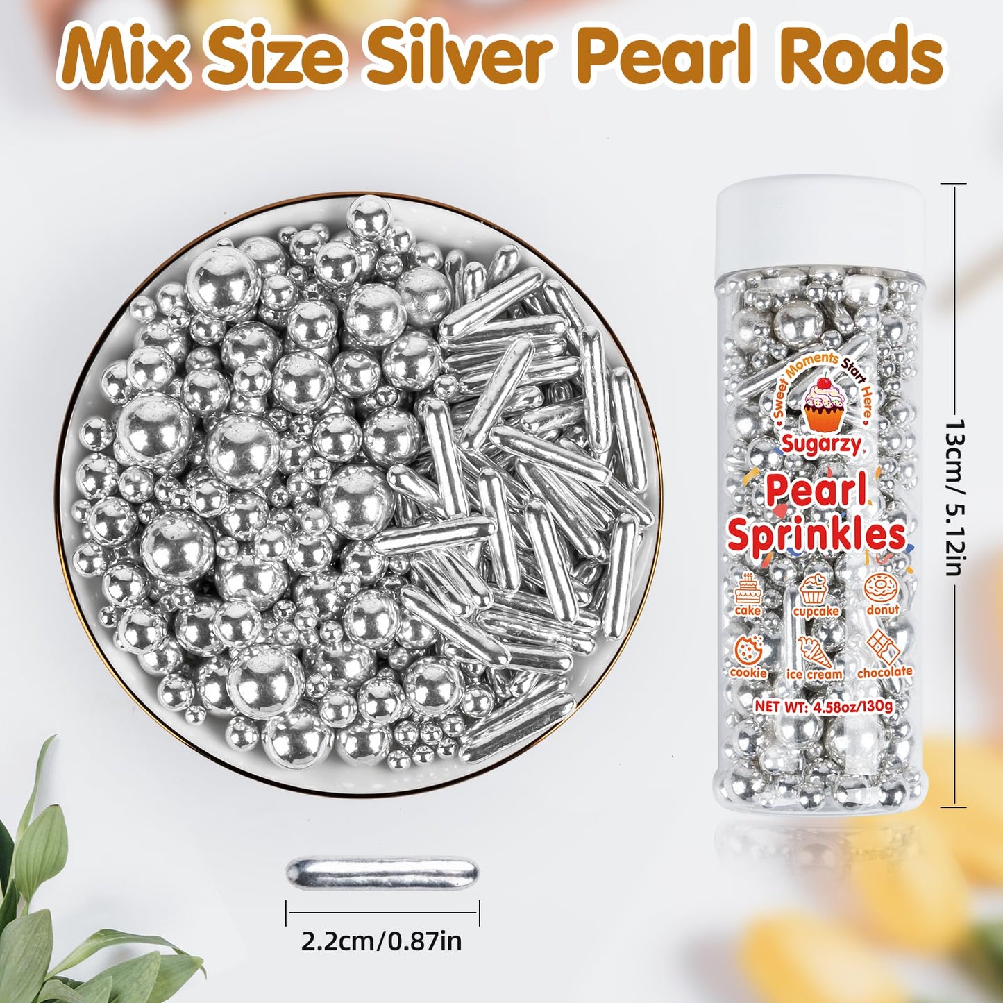 Sugarzy Edible Pearl Sprinkles Mix, Silver Rod, 130g/4.58oz, Cake Decorations, Cupcake Toppers, Holiday Supplies
