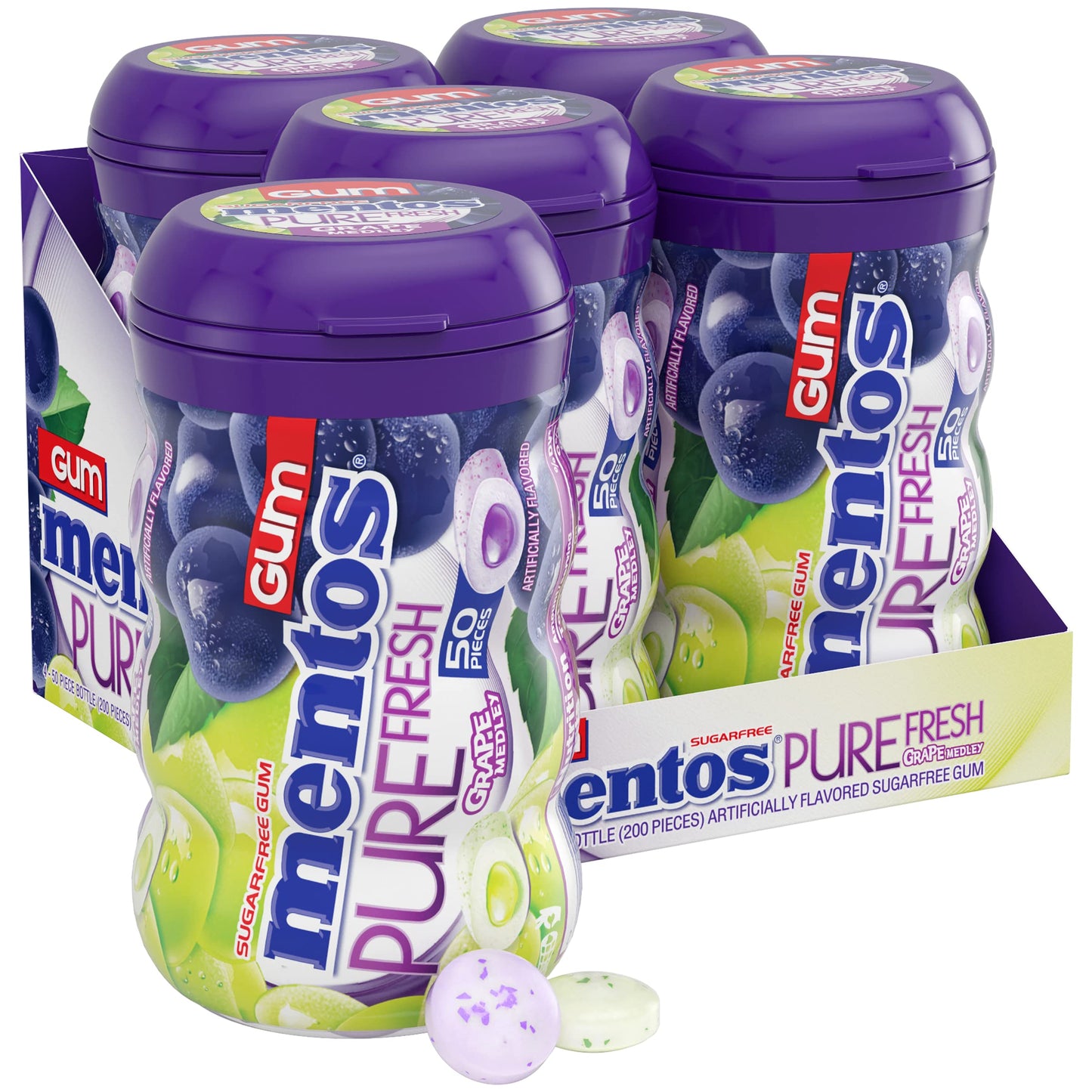 Mentos Pure Fresh Sugar-Free Chewing Gum With Xylitol, Grape Medley, 50 Piece Bottle (Bulk Pack Of 4)