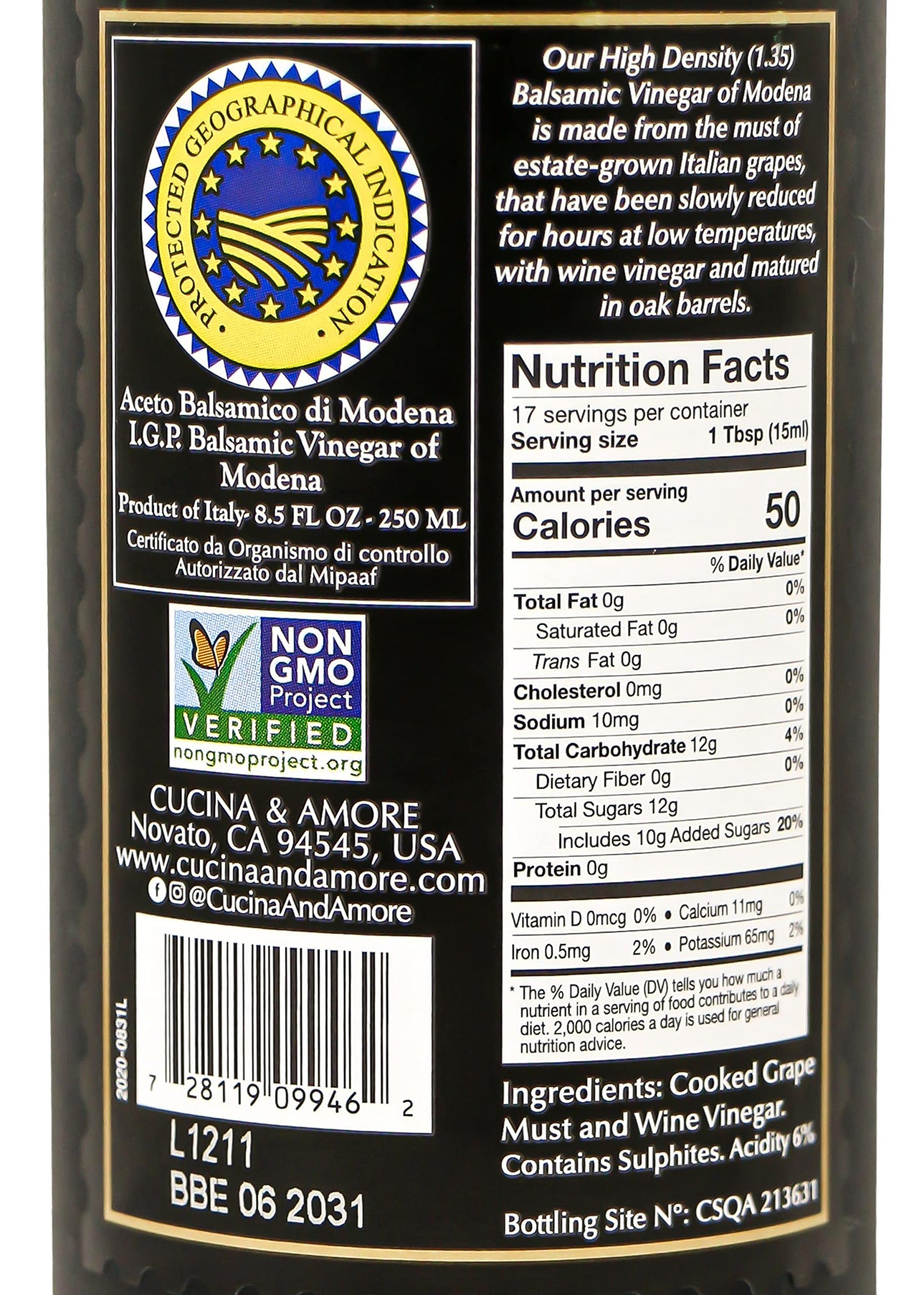 Cucina & Amore Balsamic Vinegar Of Modena | High Density, Authentic Italian Igp, Food Glaze, Reduction, Salad Dressing, Cooking, Baking, 8.5 Fl Oz
