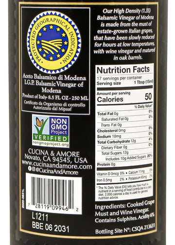 Cucina & Amore Balsamic Vinegar Of Modena | High Density, Authentic Italian Igp, Food Glaze, Reduction, Salad Dressing, Cooking, Baking, 8.5 Fl Oz