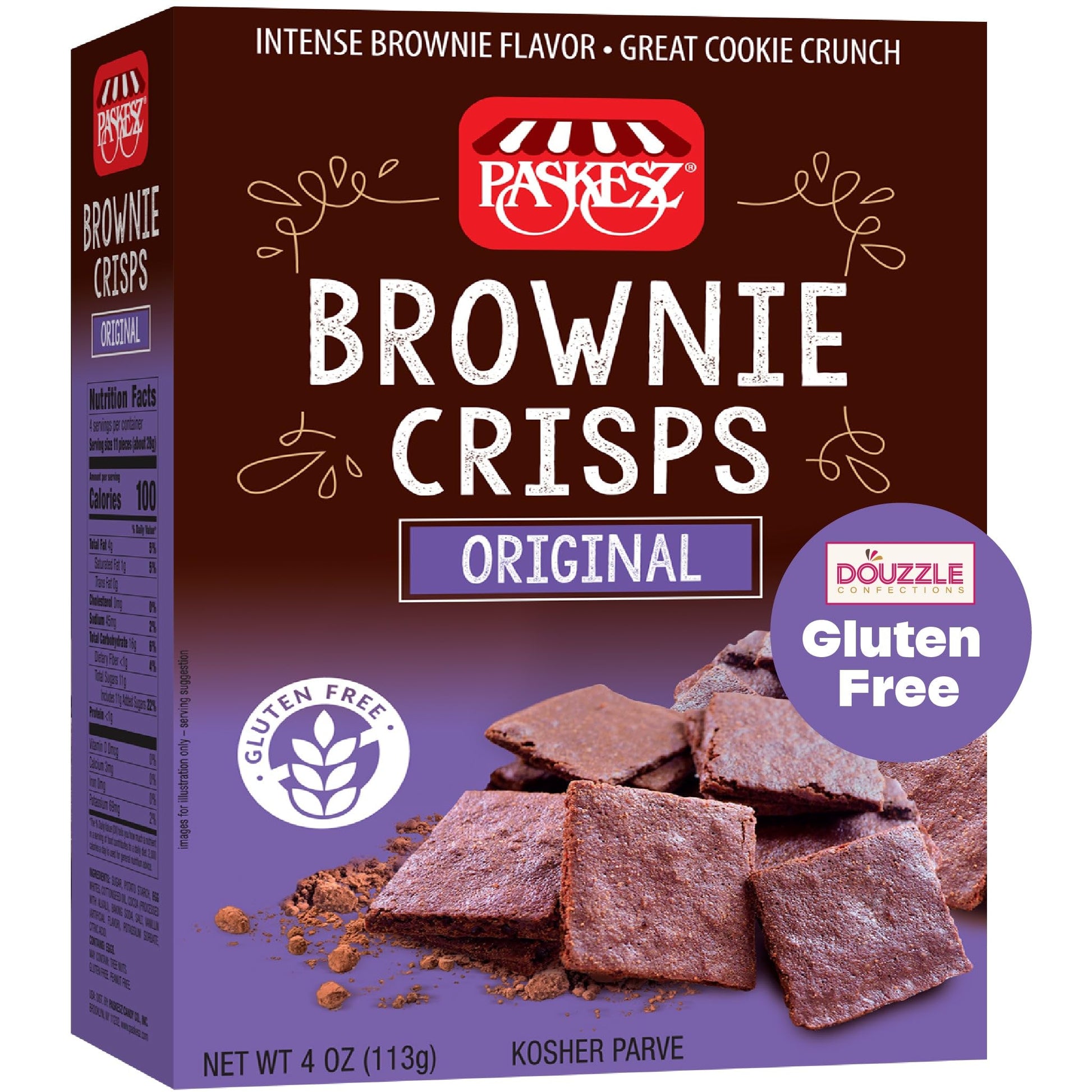 DOUzzle Gluten Free Cookies, Brownie Crisps Original (4 OZ - Pack of 1) Non Gebrokts Kosher for Passover Food Snacks -