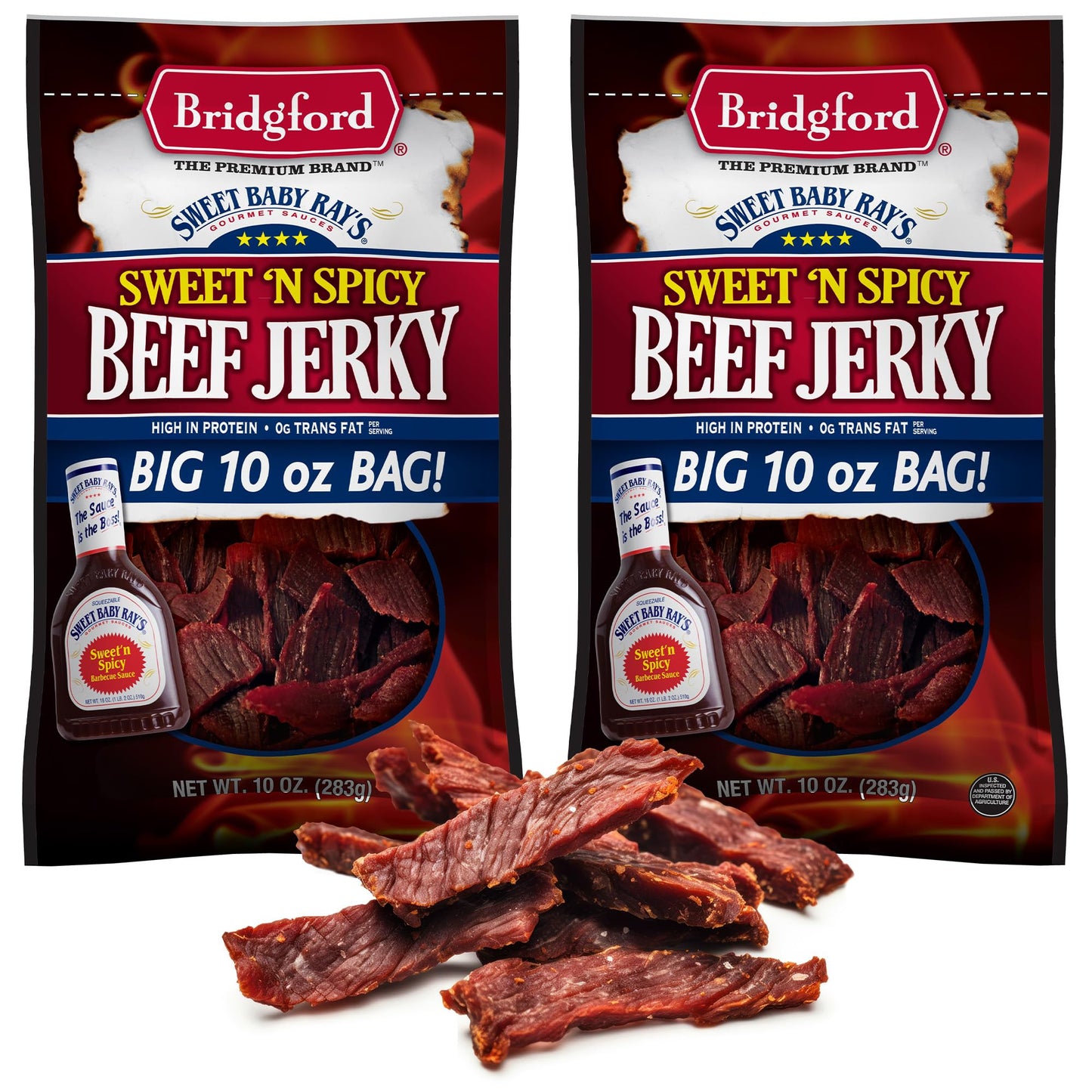 Bridgford Sweet Baby Rays Beef Jerky Sweet N Spicy 10 oz Pack of 2 - High Protein Sweetened Spicy Beef Jerky for Your Dietary Pr