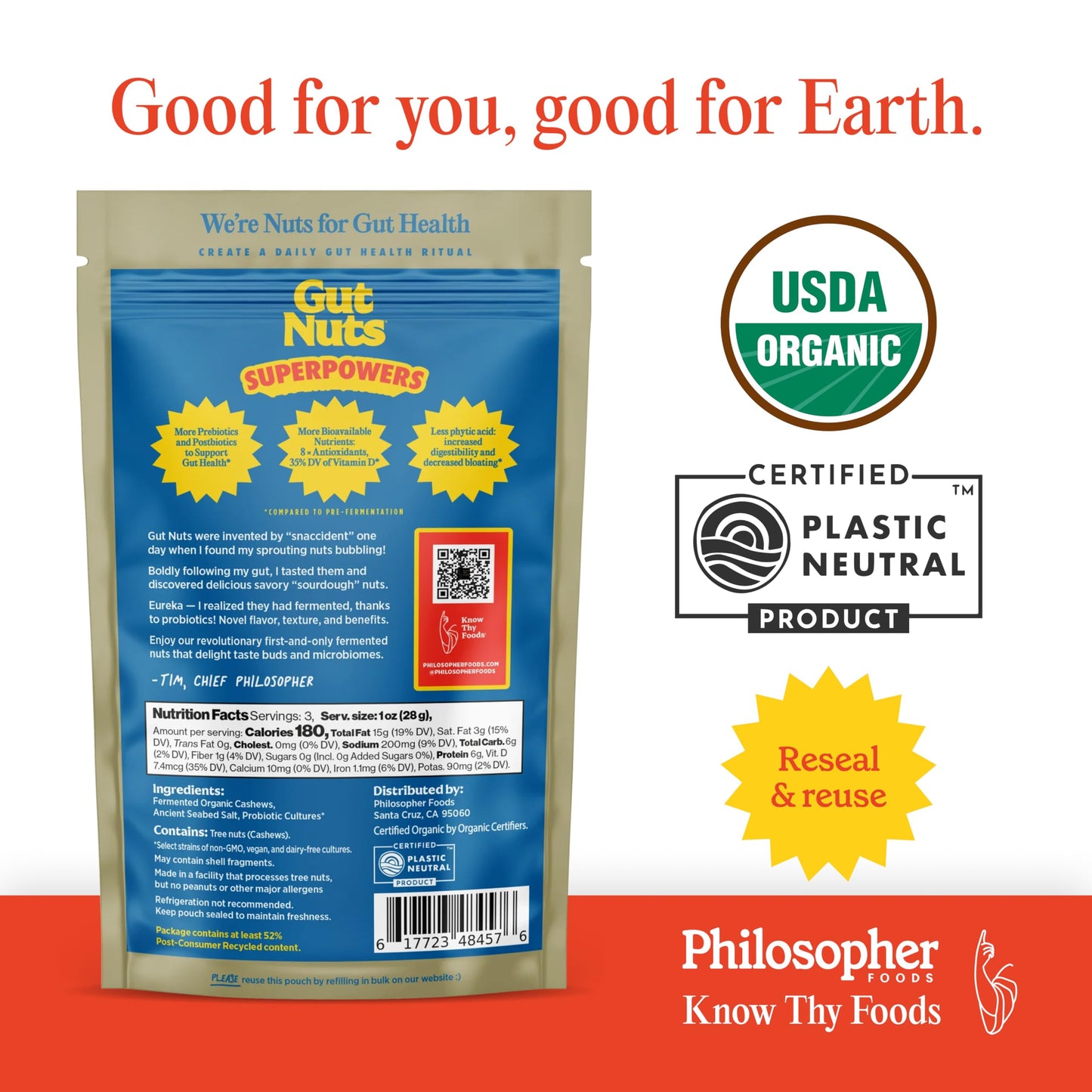 Philosopher Foods Gut Nuts - Fermented & Sprouted Cashews - Low Carb Keto Snacks - 3oz Pouch (Pack of 6)