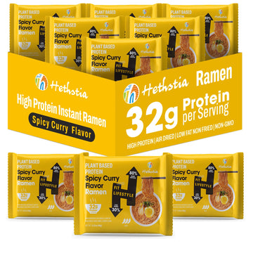 Hethstia Protein Ramen Spicy Curry Flavor  6-Pack Instant Noodle Soup  32G Plant-Based Protein  Vegan  Low Fat  Non-Gmo  Healthy High Protein Ramen Meal