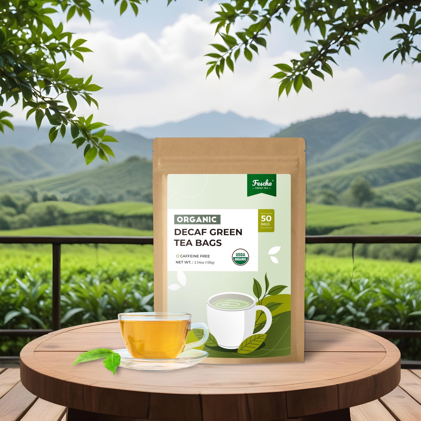 Fescha Organic Decaf Green Tea Bags, 2024 New Enhanced Organic Green Tea Decaffeinated, Usda Certified, Iced & Hot Tea, 50 Count