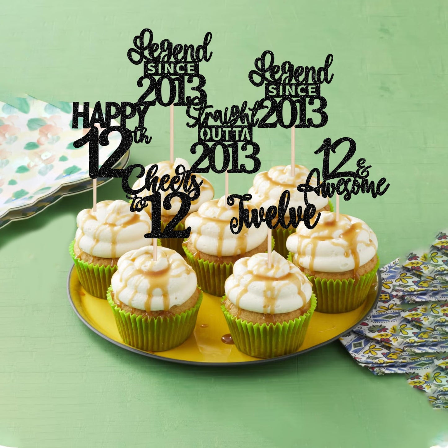 24Pcs Black 12Th Birthday Cupcake Toppers Twelve Happy 12Th Official Teenager Straight Outta 2013 Cupcake Picks Cheers To 12 Len