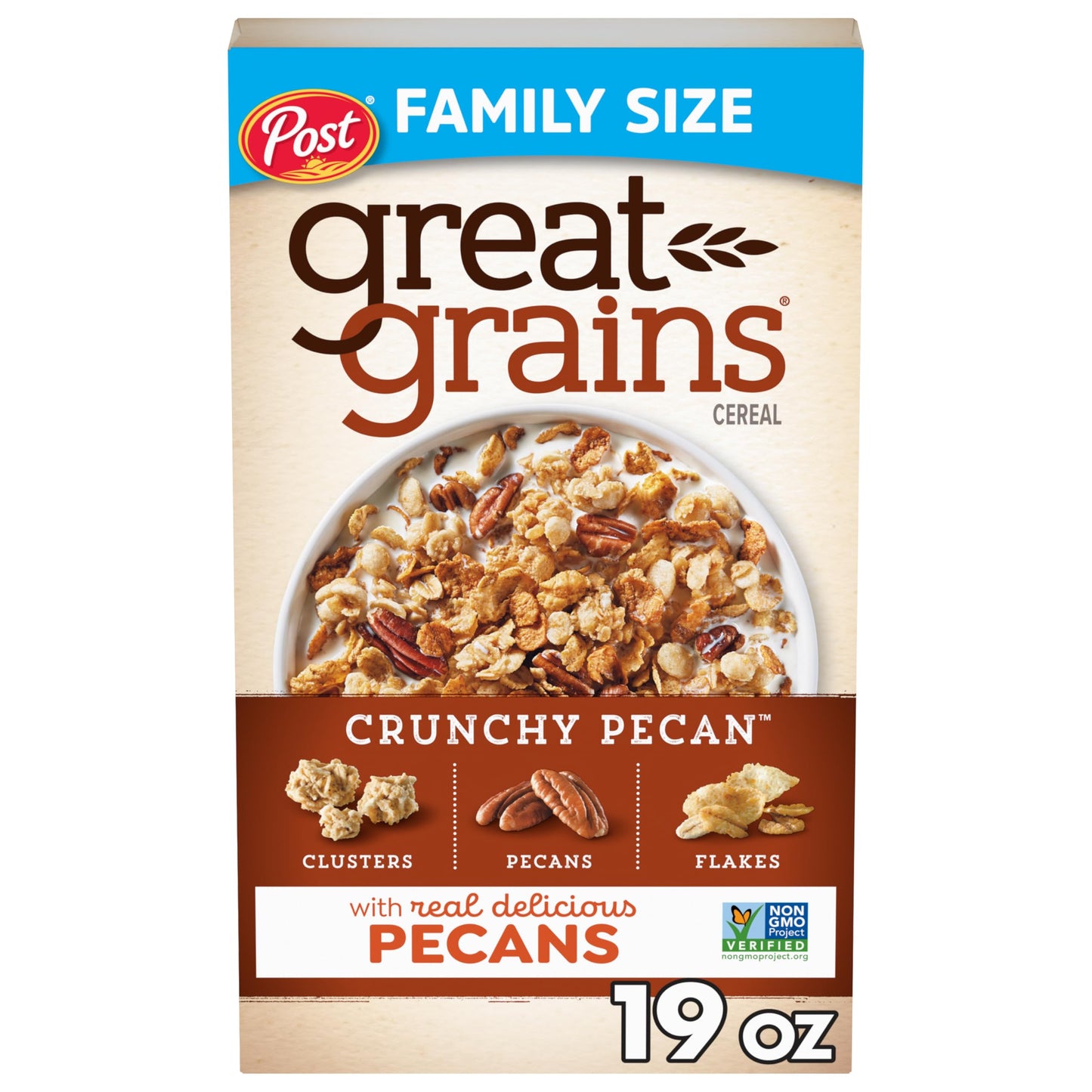 Great Grains Crunchy Pecans Breakfast Cereal for Adults, Crispy Flakes and Granola Clusters, Non-GMO, Heart Healthy, Made with W