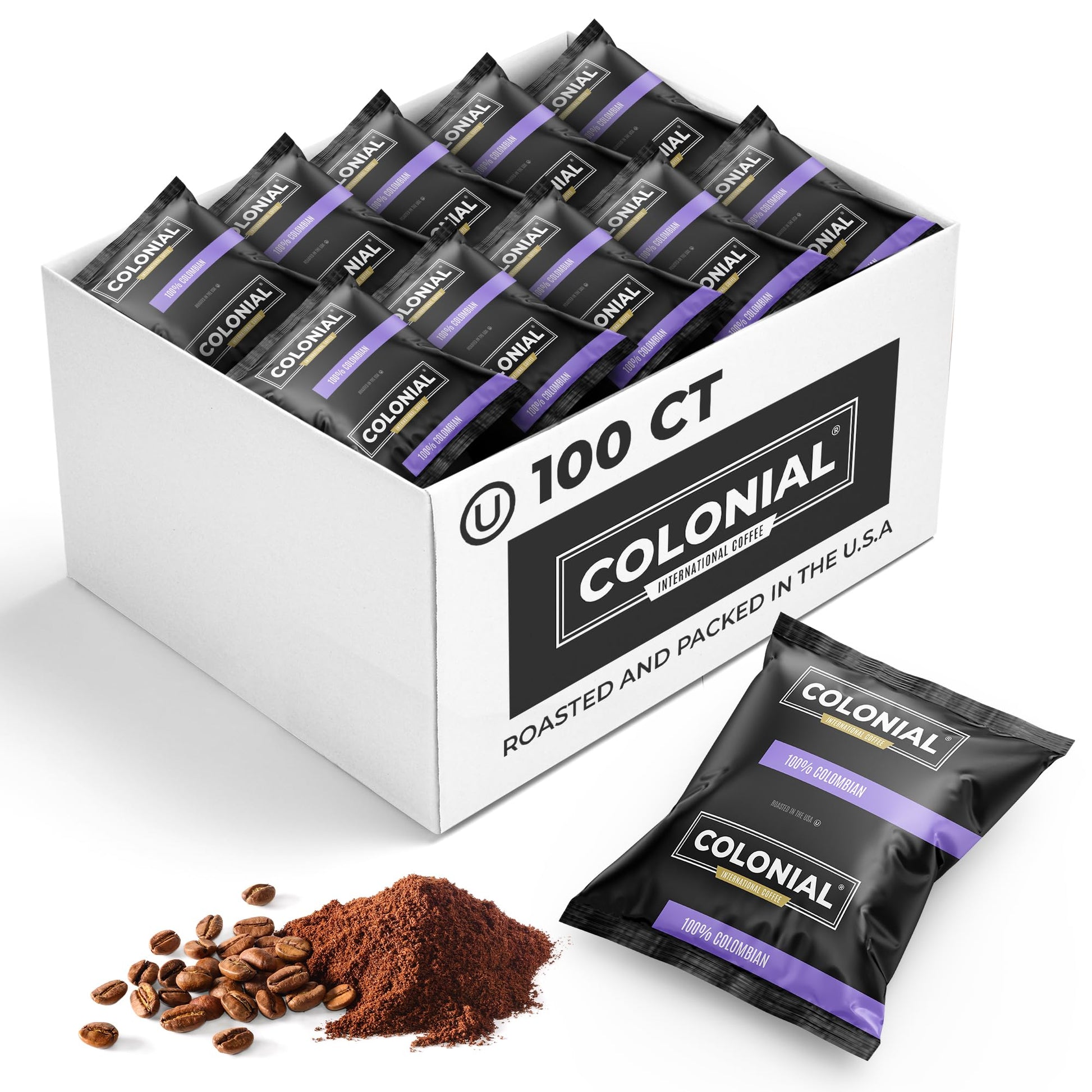 COLONIAL INTERNATIONAL COFFEE Pre Ground Coffee Packets, Colombian Medium Roast, 2.5 oz Bags, Pack of 100