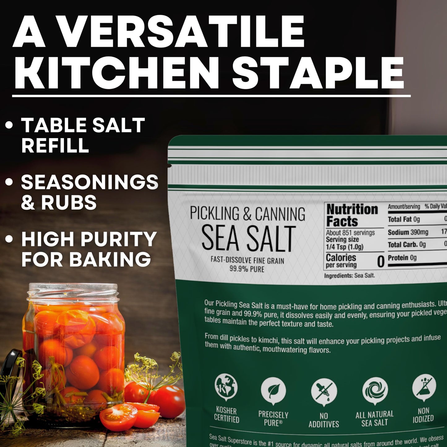 Sea Salt Superstore Pickling & Canning Salt, Non-Iodized Fine Kosher Salt, 30 oz Bag