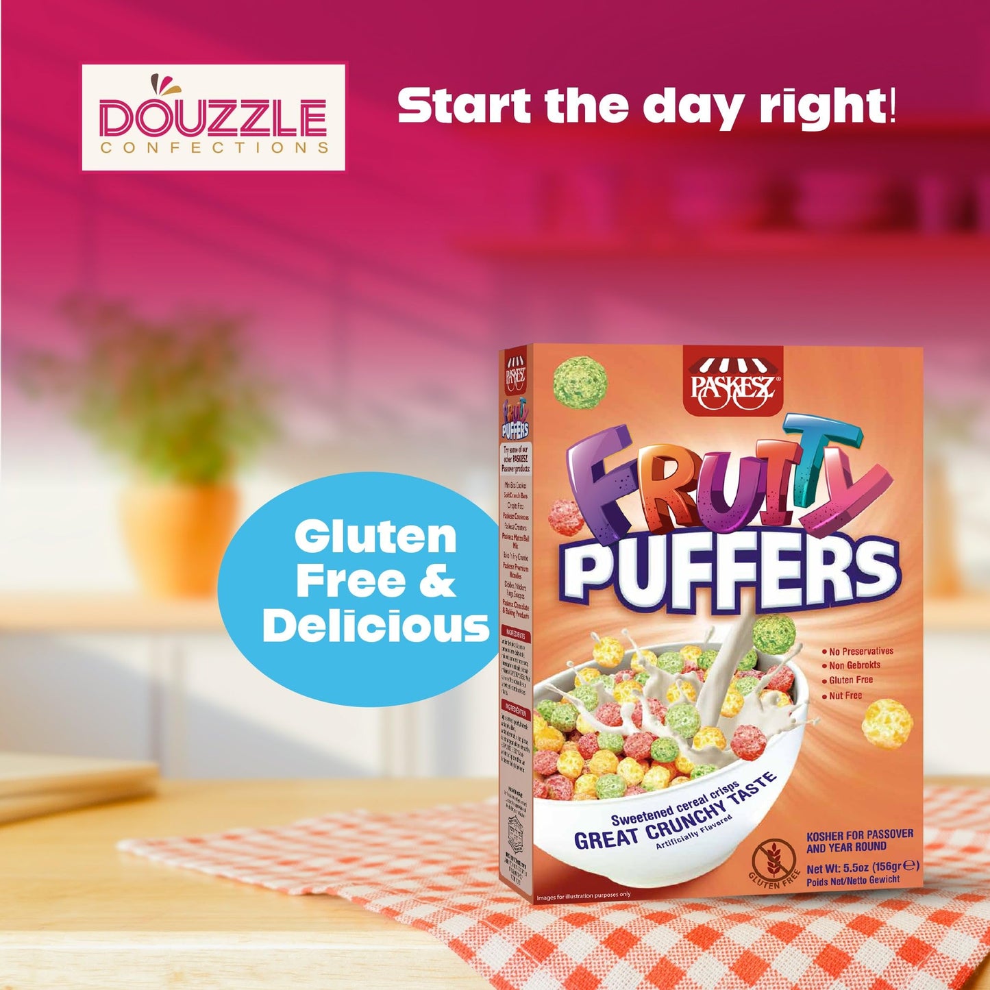 Douzzle Gluten Free Fruity Puffers Breakfast Cereal, Sweetened Cereal Crisps (Pack Of 1) Non Gebrokts Kosher For Passover Food S