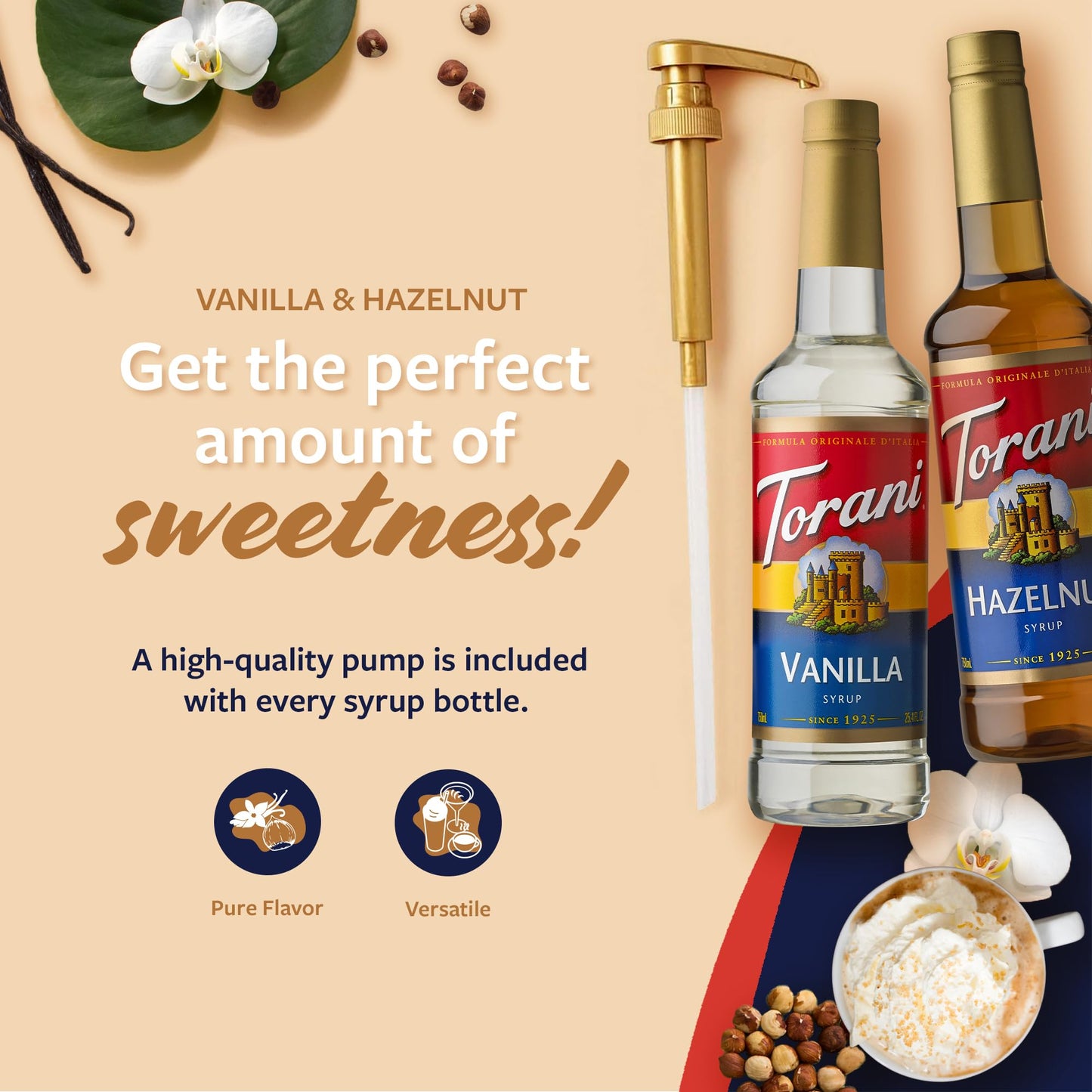 Torani Syrups, Hazelnut And Vanilla Syrup Variety 2-Pack, Coffee Syrups For Drinks, Pumps Included, 25.4 Fl Oz Ea