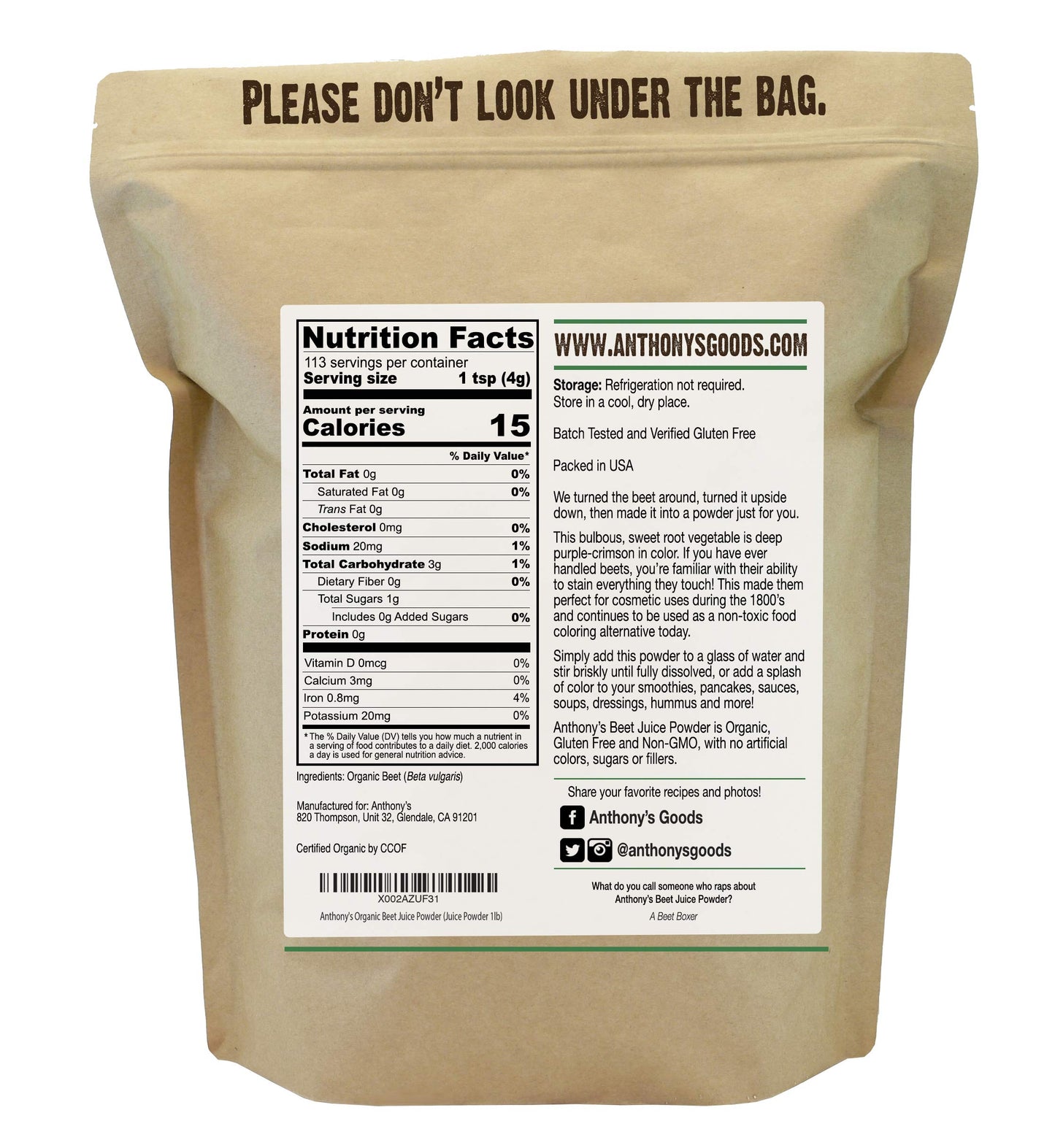 Anthonys Organic Beet Root Juice Powder, 1 lb, Gluten Free, Non GMO, Vegan Friendly
