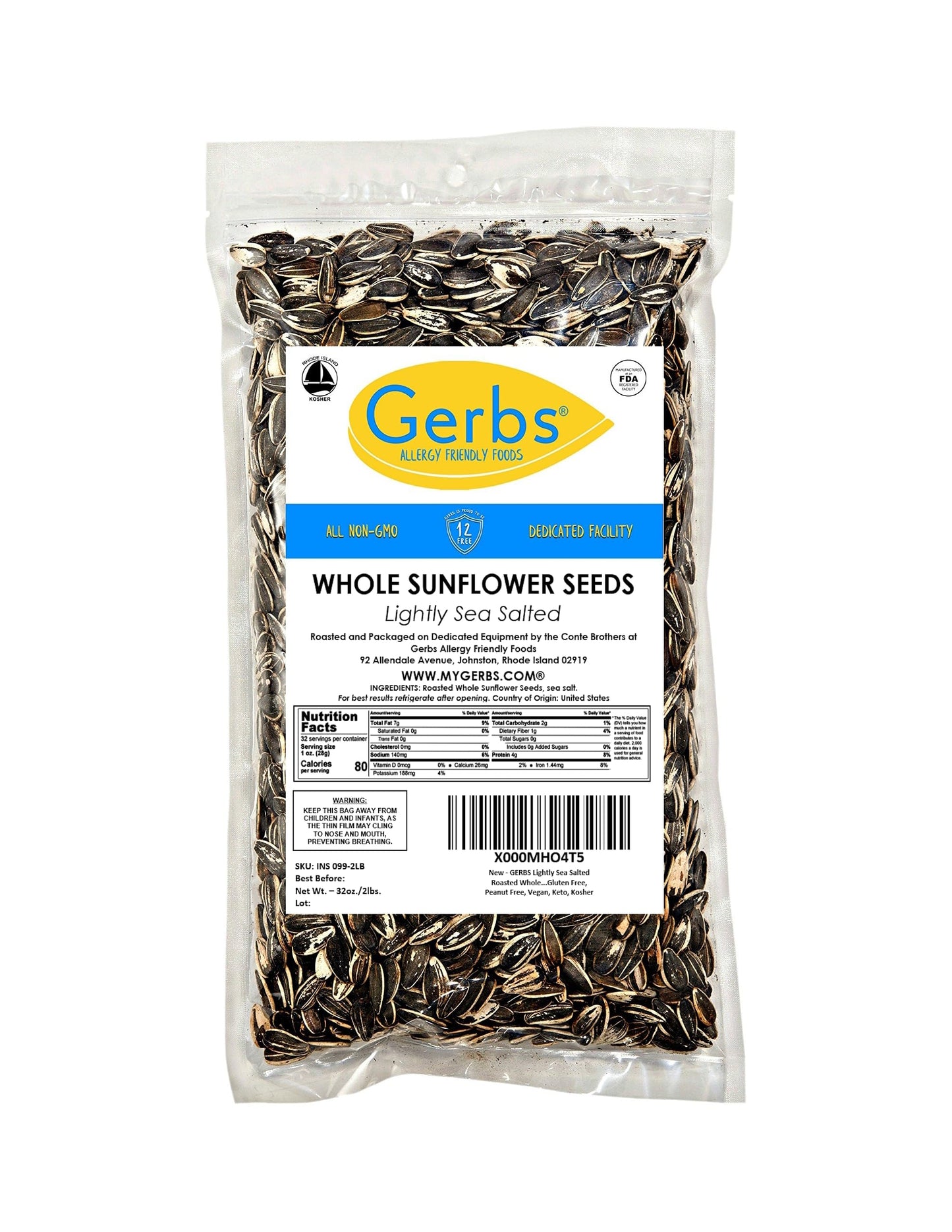 GERBS Lightly Sea Salted Sunflower Seeds - 2 LBS - Top 11 Allergen Free, Non-GMO, Dry Roasted, In Shell