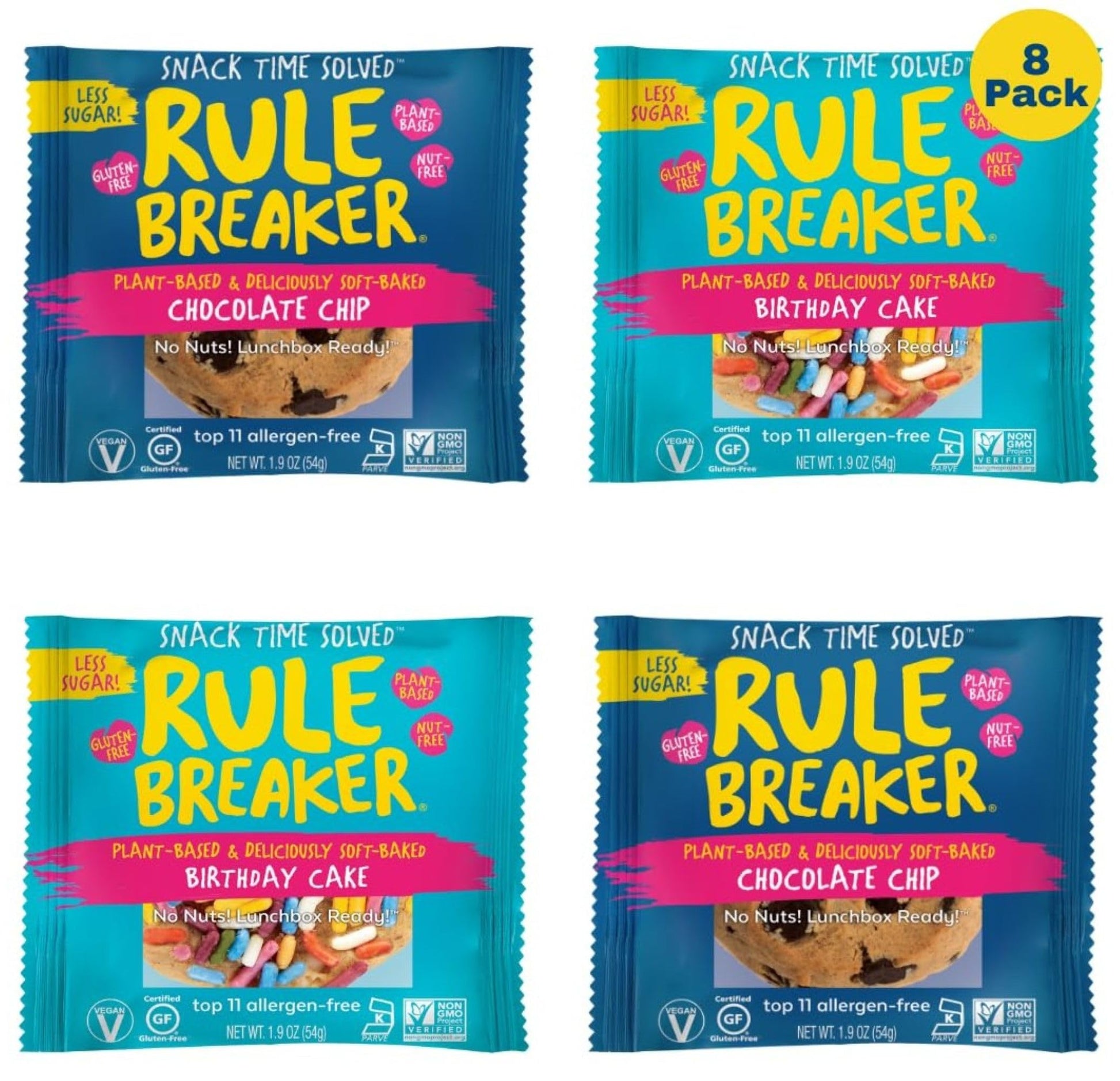 Rule Breaker Vegan & Gluten Free Cookies | Chocolate Chip & Birthday Cake | Plant-Based  Dairy  Nut  Soy  Allergen Free  Kosher | Soft-Baked School Snacks Cookies For Kids & 18+ Uses (Pack Of 8)