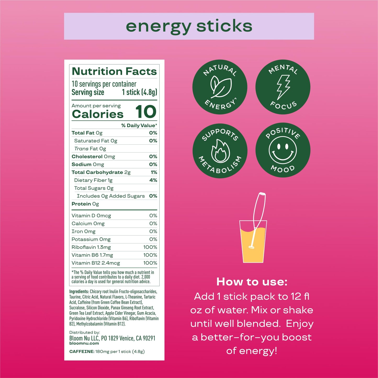 Bloom Nutrition Energy Drink Powder Packets  Sugar Free Energy Drink Mix with L-Theanine  B Vitamins & Natural Caffeine  On the Go Powder Sticks for Natural Energy  10 Calories (10 Pouches (Pack of 1)  Strawberry Watermelon)