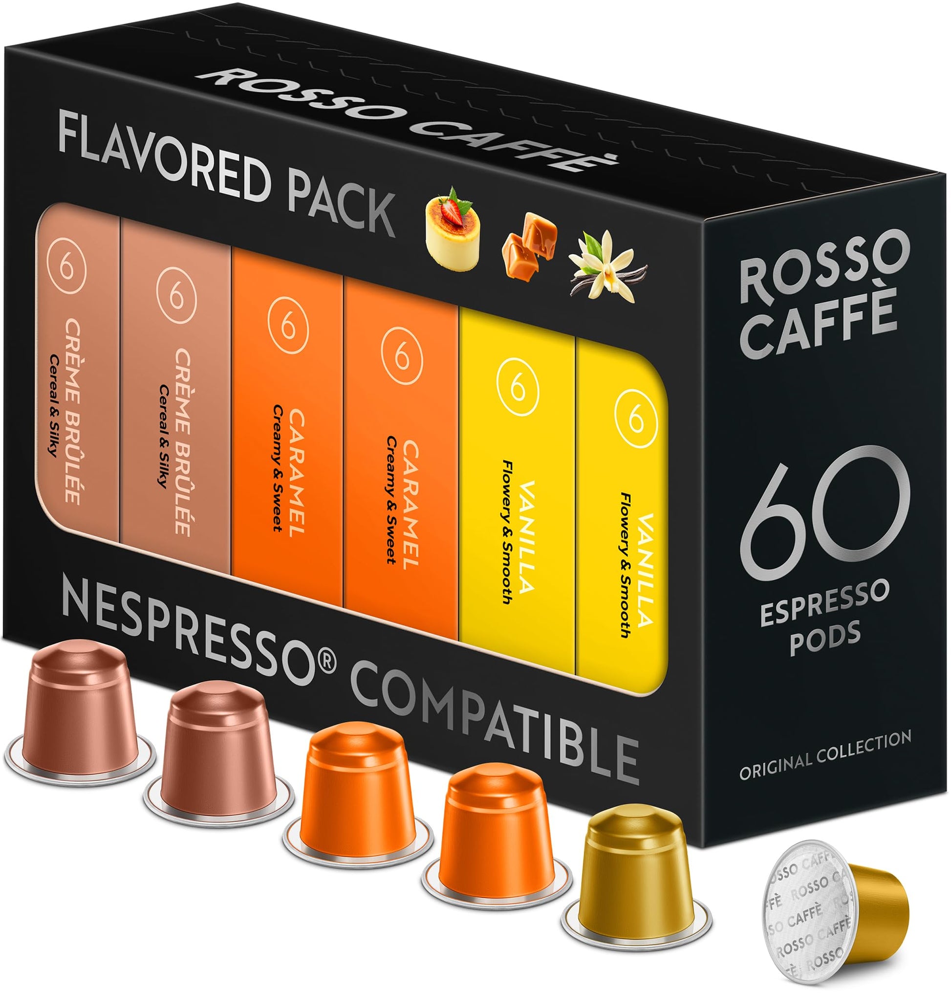 ROSSO CAFFÈ Espresso Coffee Pods for Nespresso - 60 Premium Capsules, 4 Flavors, 10 Count (Pack of 6)