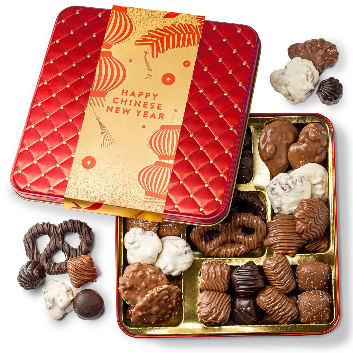 Chinese New Year Chocolate Gift Tin - Gourmet Chocolate Assortment Gift Box  Red Candy Tin With Top-Grade Milk & Dark Chocolates  Lunar New Year Gift For Family Friends Coworkers  Holiday Treats- Bonnie And Pop