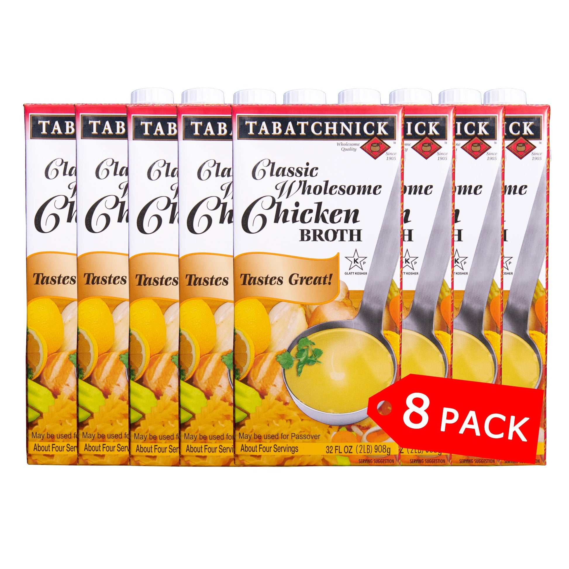 Tabatchnick Classic Wholesome Chicken Broth Real Chicken Broth (8 Pack) 32oz, Certified Kosher, Fat Free, No Sugar Added, 10 Cal