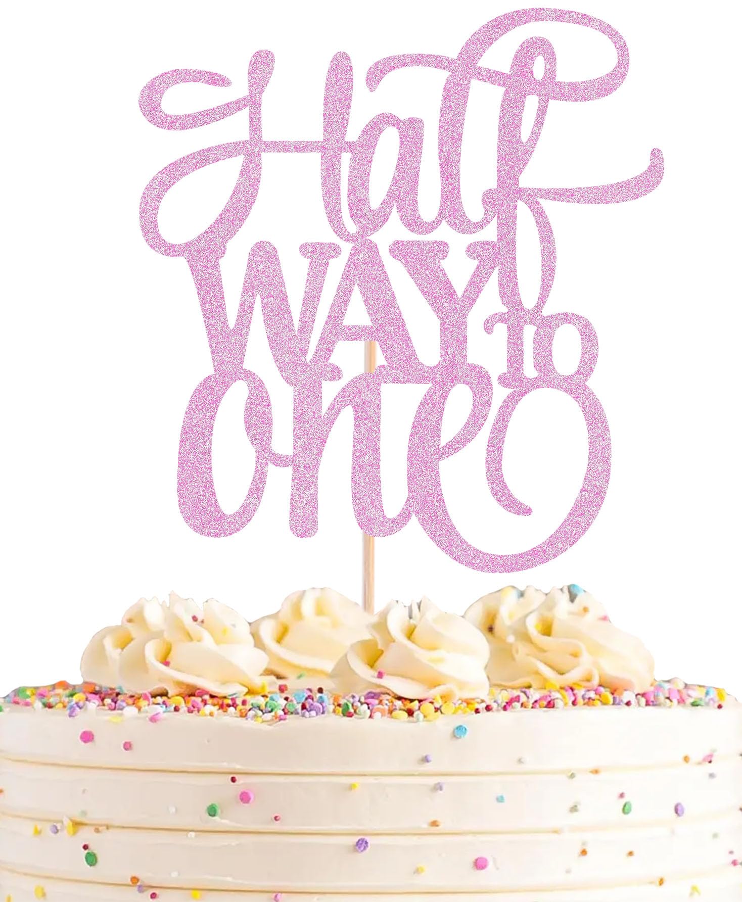 AHAORAY Half Way To One Cake Topper - Pink Glitter 6 Months Birthday Decorations Supplies - Half Birthday Decorations Baby Girl,