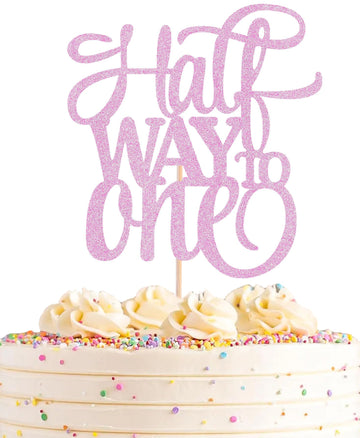 AHAORAY Half Way To One Cake Topper - Pink Glitter 6 Months Birthday Decorations Supplies - Half Birthday Decorations Baby Girl,