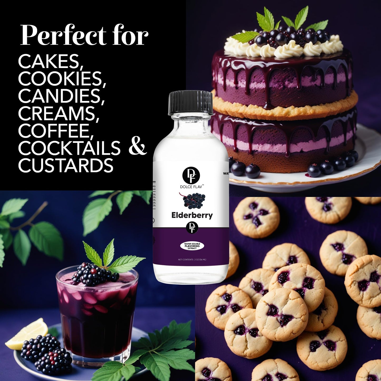 Dolce Flav Elderberry Extract - 2 Ounce Water-Soluble Multipurpose Flavoring Ideal for Baked Goods, Beverages, Coffee, Desserts