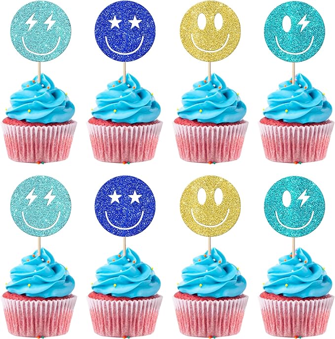 24 Pack Smile Face Cupcake Toppers Gold Glitter Cut Cupcake Picks Smiley Assorted Cupcake Toppers For Girls Baby Shower Birthday Party Cake Decorations Supplies Multi