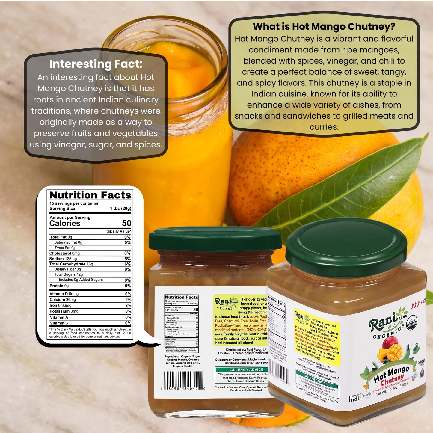 Rani Organic Hot Mango Chutney (Spicy Indian Preserve) 10.5Oz (300G) Glass Jar, Ready To Eat ~ All Natural | Vegan | Gluten Free