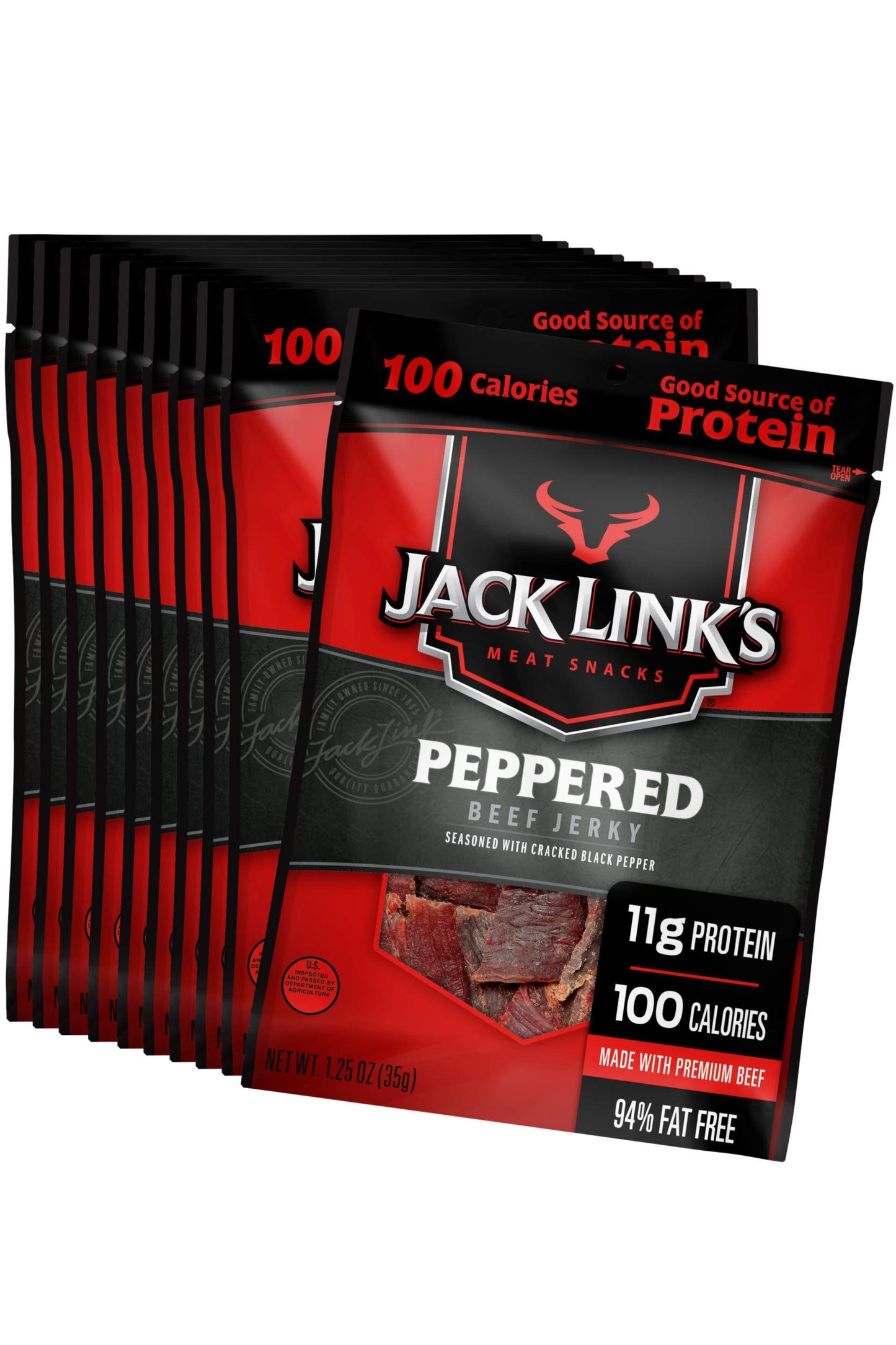 Jack Links Beef Jerky, Peppered, 11g Protein, 1.25oz Bags, Pack of 10, Pantry-Ready Snacks
