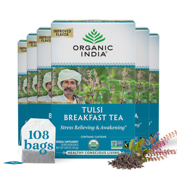 ORGANIC INDIA Tulsi Breakfast Herbal Tea - Black Tea, Holy Basil, Relieve Stress & Energize, Immune Support, Adaptogen - Vegan, 