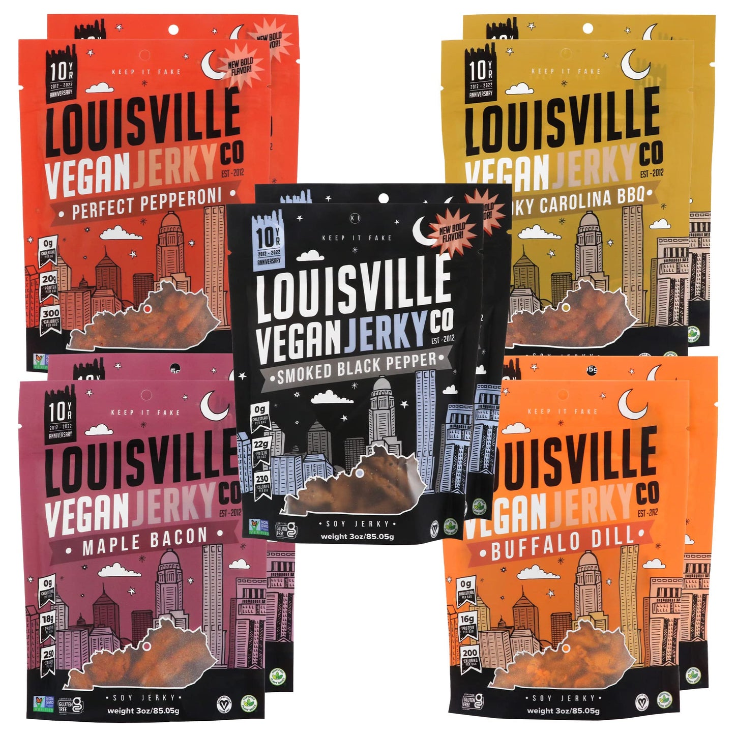 Louisville Vegan Jerky - Variety Pack  15-21 Grams Of Protein  Gluten-Free Ingredients  Includes 2 Black Pepper  2 Perfect Pepperoni  2 Maple Bacon  2 Carolina Bbq  & 2 Buffalo Dill (3 Oz  10-Pack)