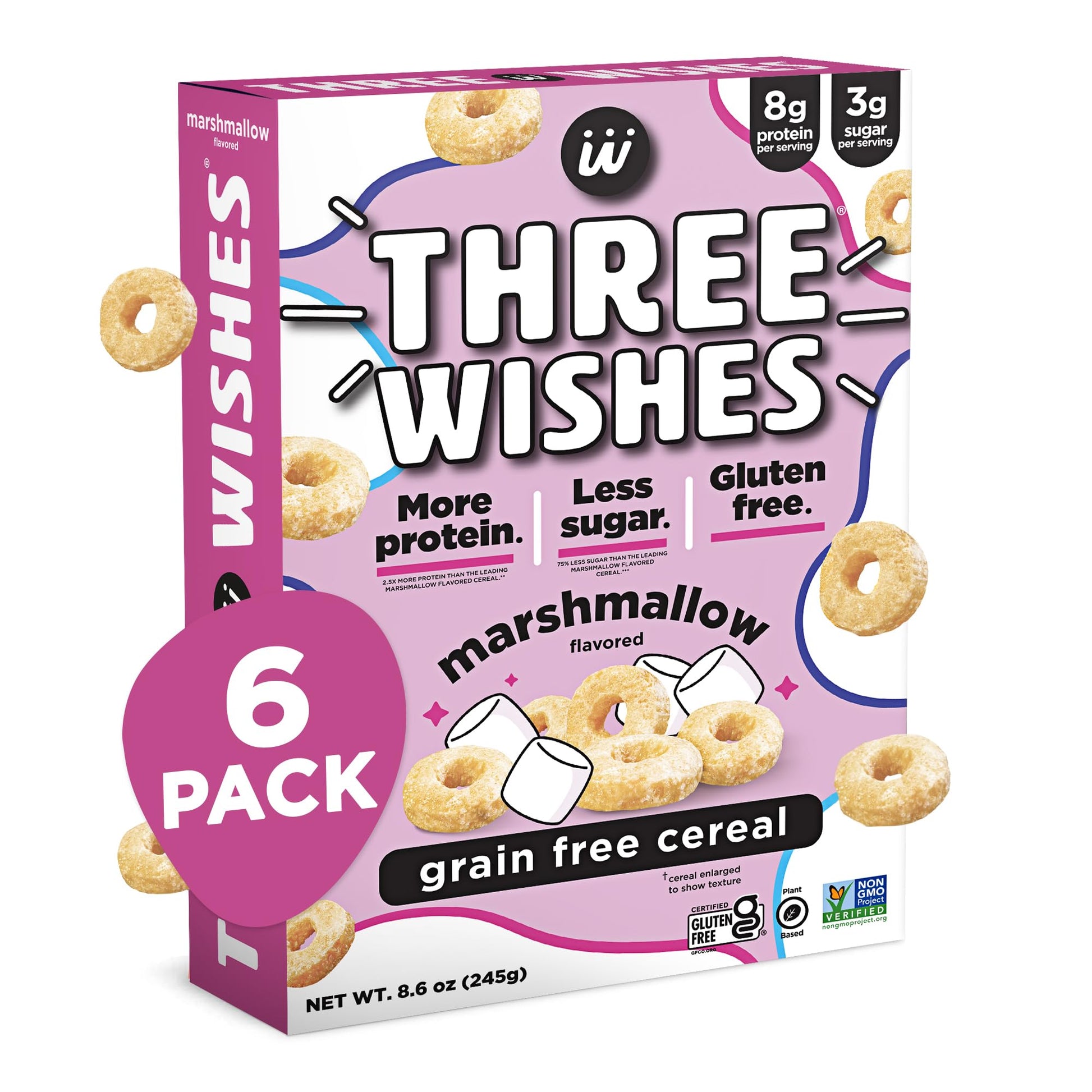 Protein and Gluten Free Breakfast Cereal by Three Wishes (6-Pack) - Marshmallow - 8g of Protein and 3g of Sugar Snack - Kosher, 