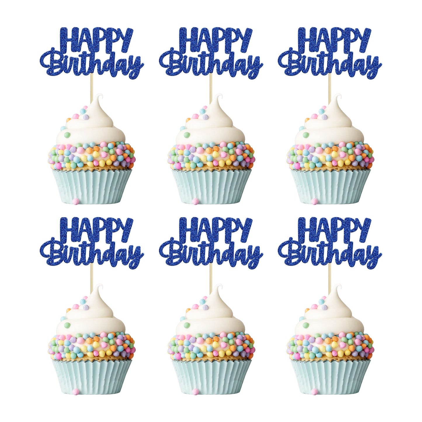 Gyufise 24Pcs Cupcake Toppers - Glitter Birthday Decorations, Dark Blue Paper Picks for Happy Birthday Theme Party
