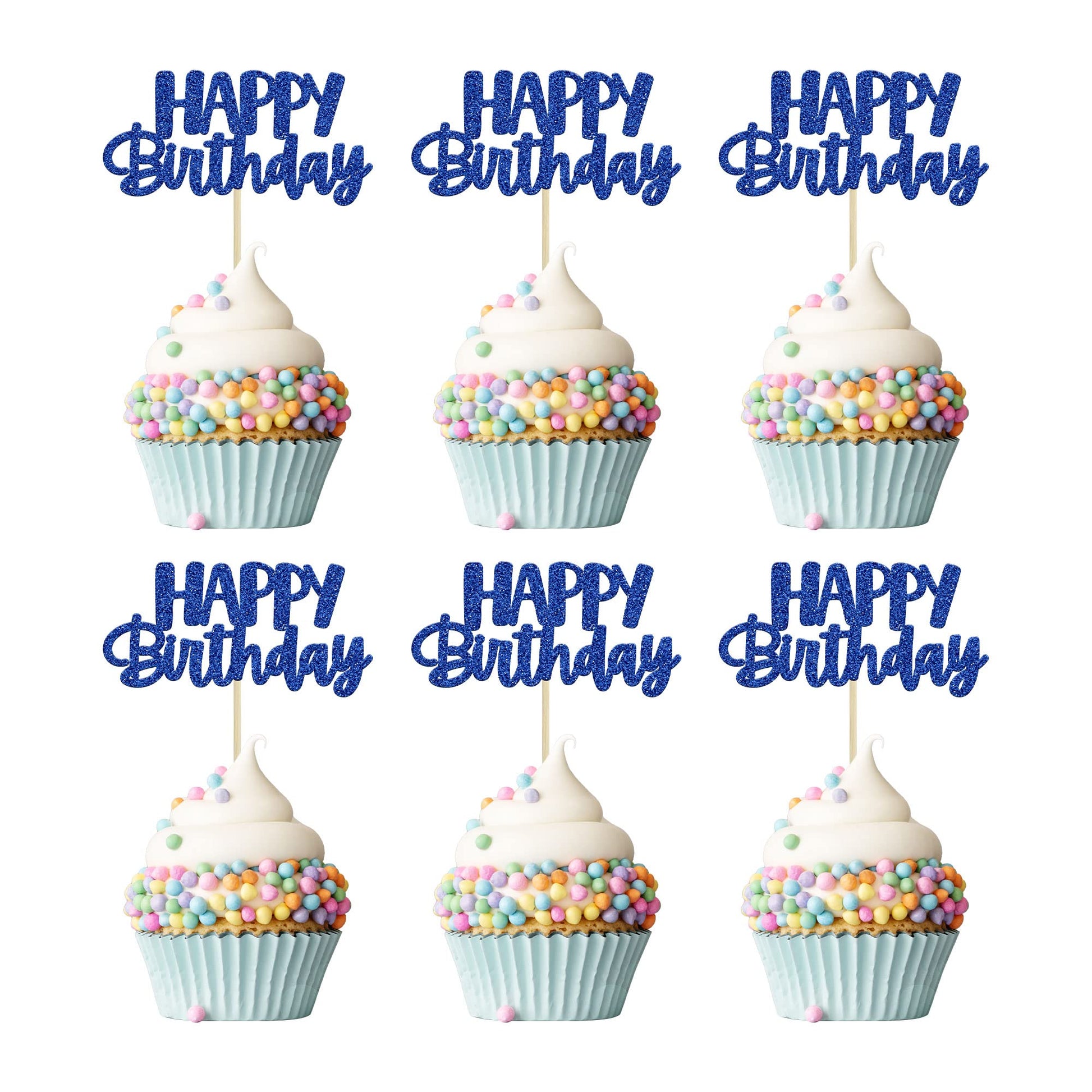 Gyufise 24Pcs Cupcake Toppers - Glitter Birthday Decorations, Dark Blue Paper Picks for Happy Birthday Theme Party