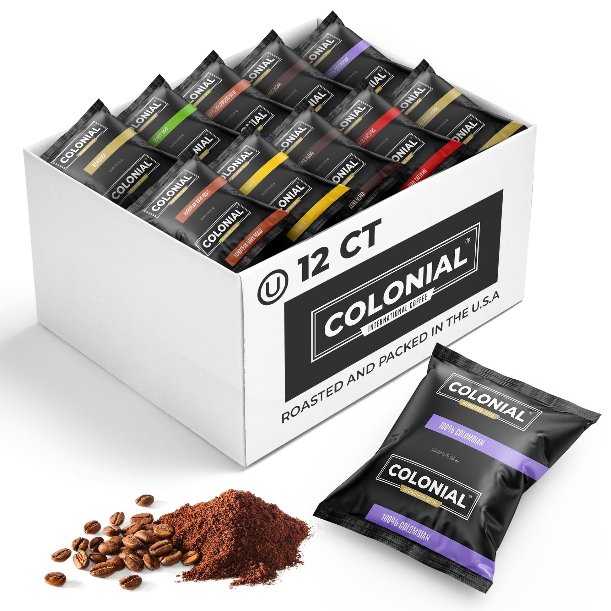 Colonial Coffee 12 Count Single Pot Coffee Packets – Assorted Variety Pack, Medium & Dark Roast Blends | Pre-Measured Frac Packs For 12 Cup Maker | Bulk Ground Gourmet Coffee For Home & Office