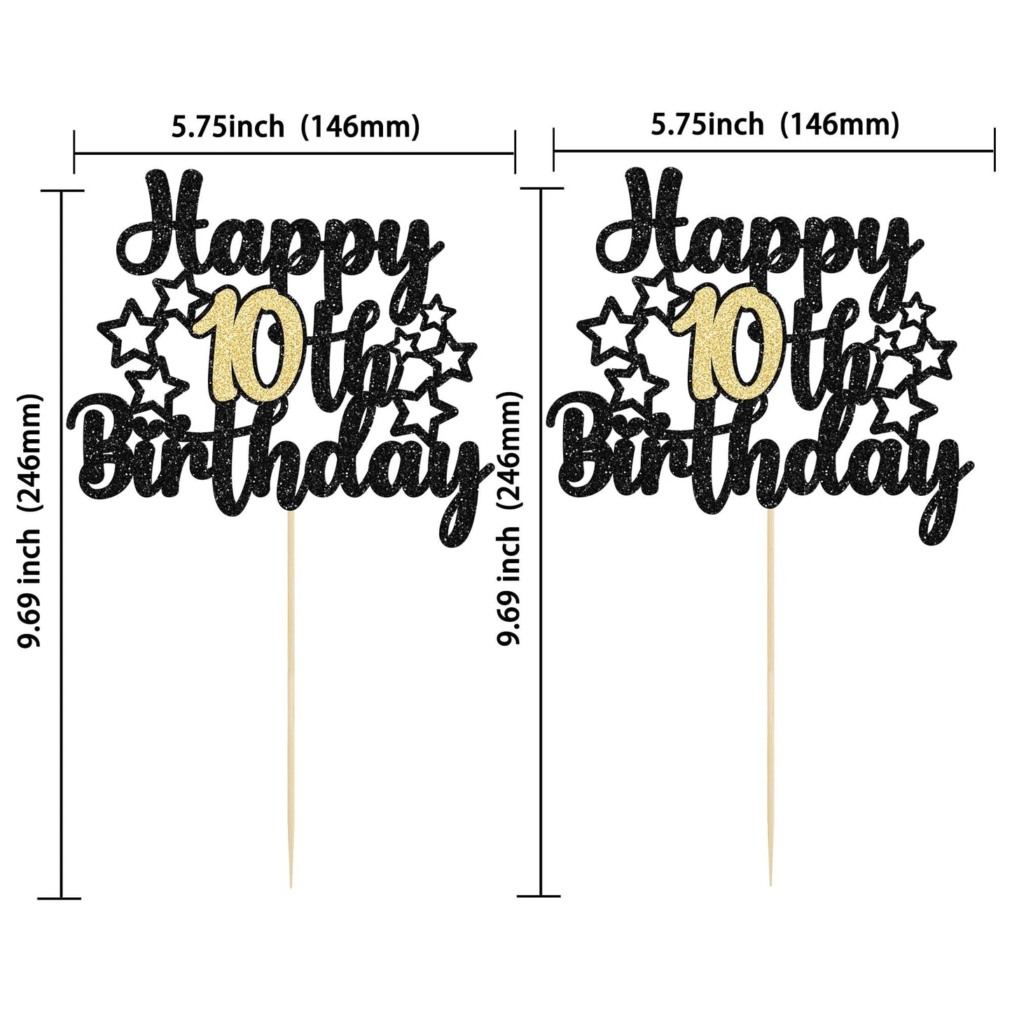 Gyufise Happy 10Th Birthday Cake Topper, 1Pc Black Gold Glitter Cheers To 10 Years, Premium Material, Food-Grade, For Birthday A