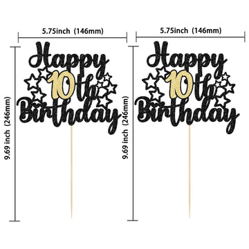Gyufise Happy 10Th Birthday Cake Topper, 1Pc Black Gold Glitter Cheers To 10 Years, Premium Material, Food-Grade, For Birthday A