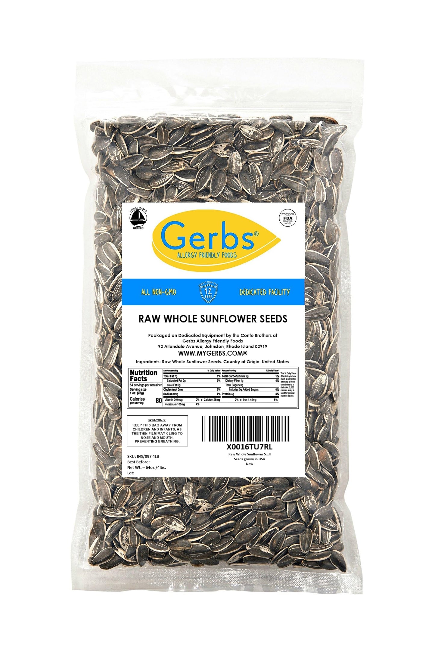 GERBS Raw Whole Sunflower Seeds, 4 lbs Resealable Bag, Top 14 Allergy Free, Healthy Superfood Snack, Grown in USA
