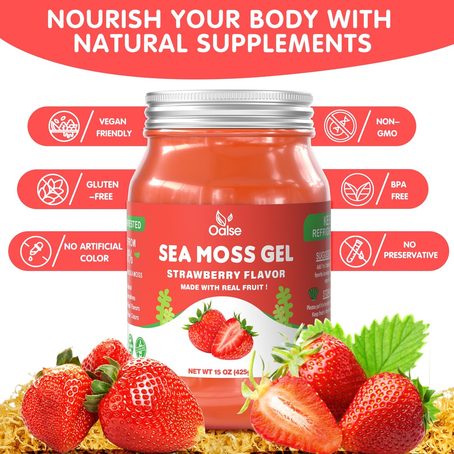 OALSE Sea Moss Gel - Natural Irish Seamoss Gel, 15 OZ, Non-GMO, Vegan, Gluten-Free, Strawberry